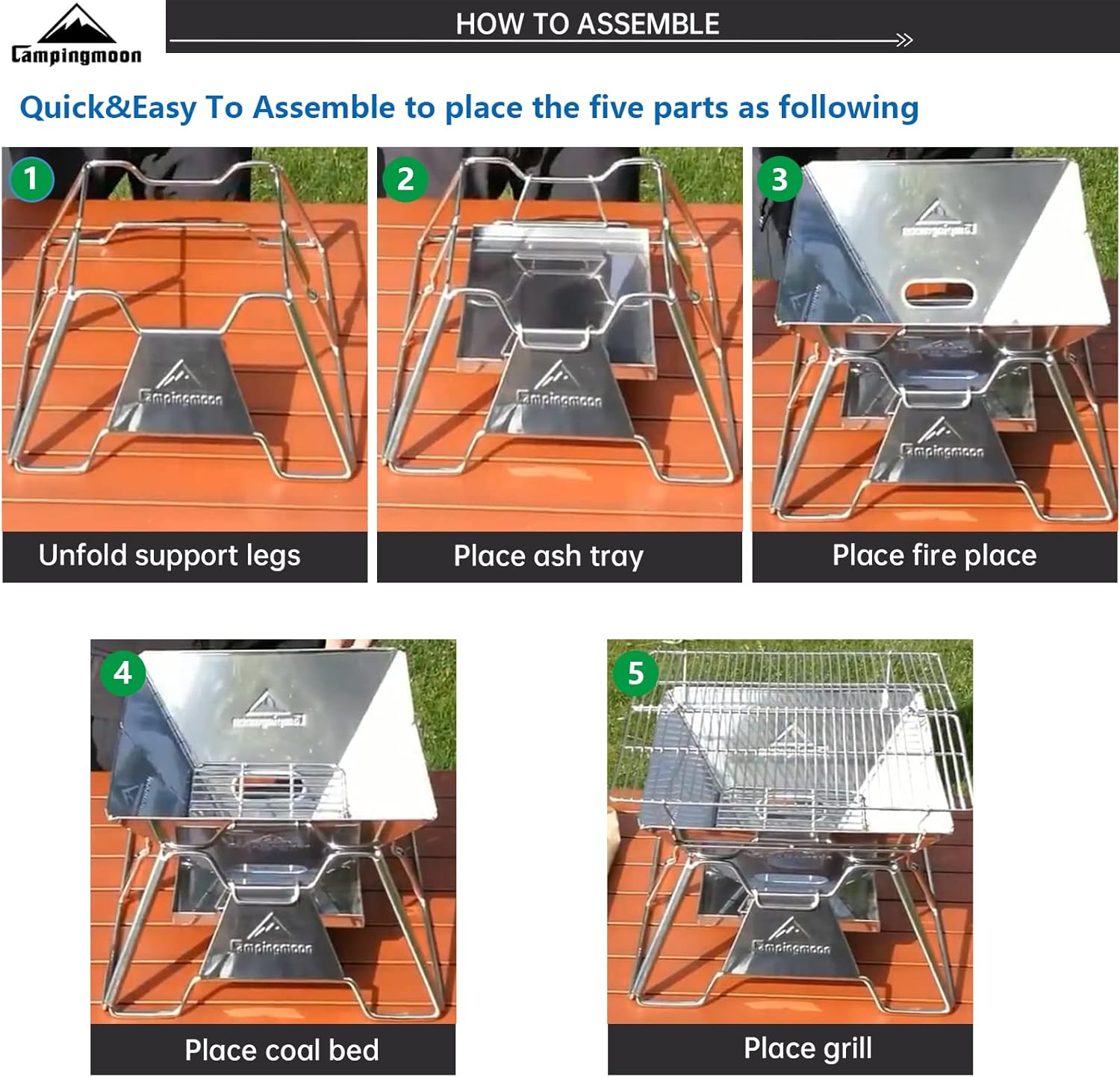 camping moon Portable Foldable Stainless Steel Bbq Charcoal Grill (MT-2)