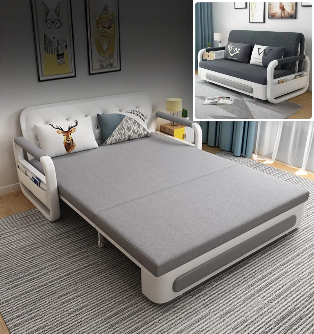 WENBO HOME Sofa Bed Pull Out Sofa Double Bed Multifunction Couch Bed Modern Style Sofa Bed Chair For Living & Bed Room (1.58m, Grey)-GCC Home Center