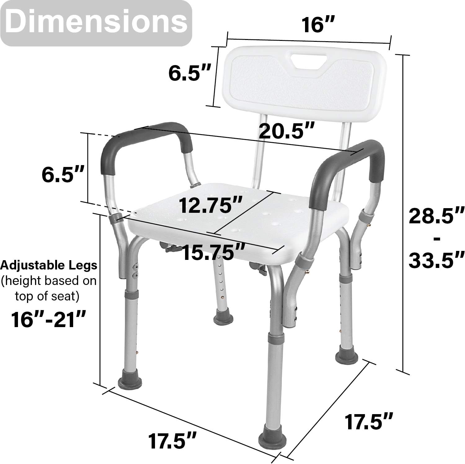 Vaunn Medical Shower Chair Bath Seat With Padded Arms, Removable Back and Adjustable Legs, Supports up to 350 lbs
