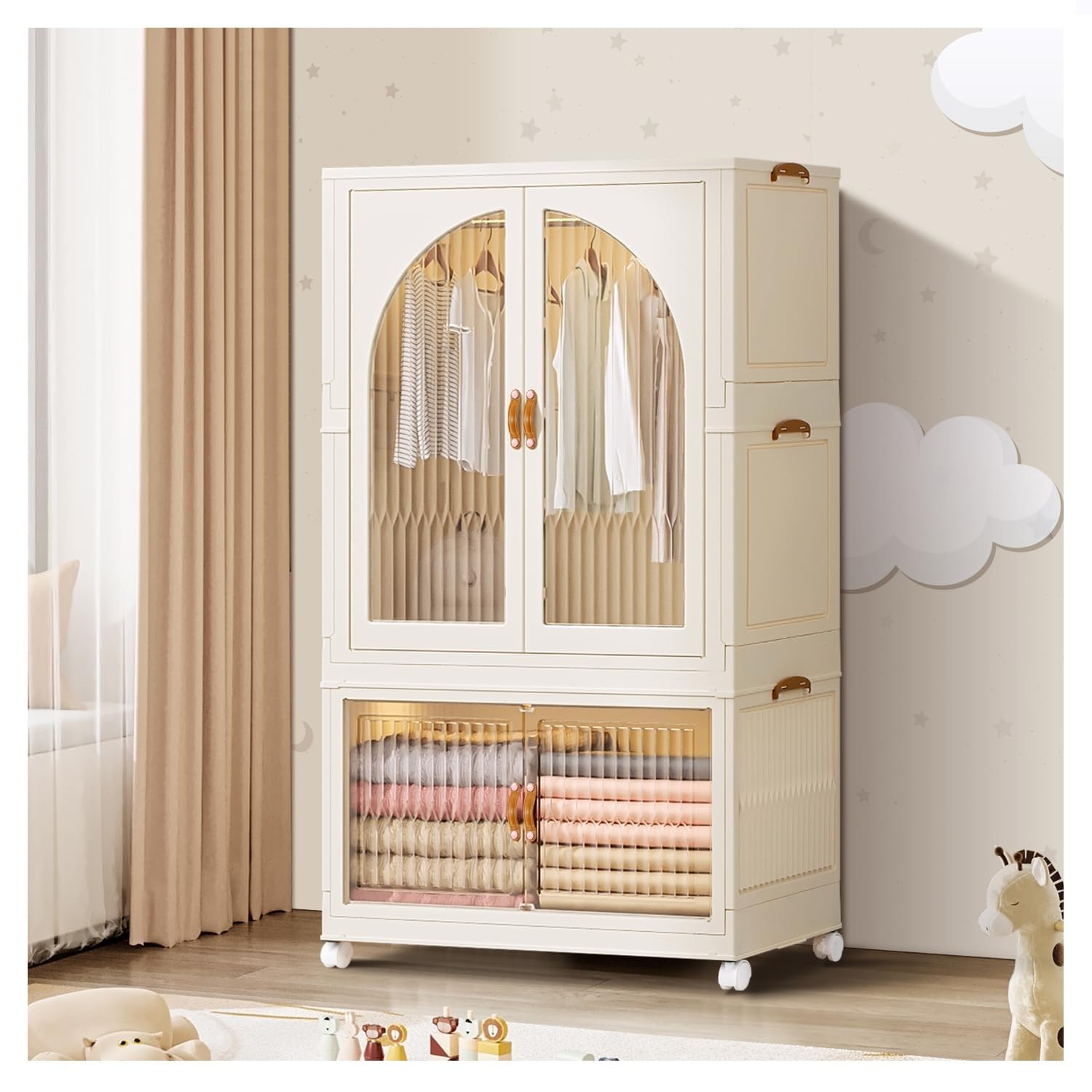 TAPIT Portable Closet Wardrobe Foldable Baby Clothes Organizer Kids Closet Wardrobe Collapsible Children Clothes Cabinet Bedroom Nursery Armoire Clothing Storage with Clear Doors (B-7033-1)-GCC Home Center