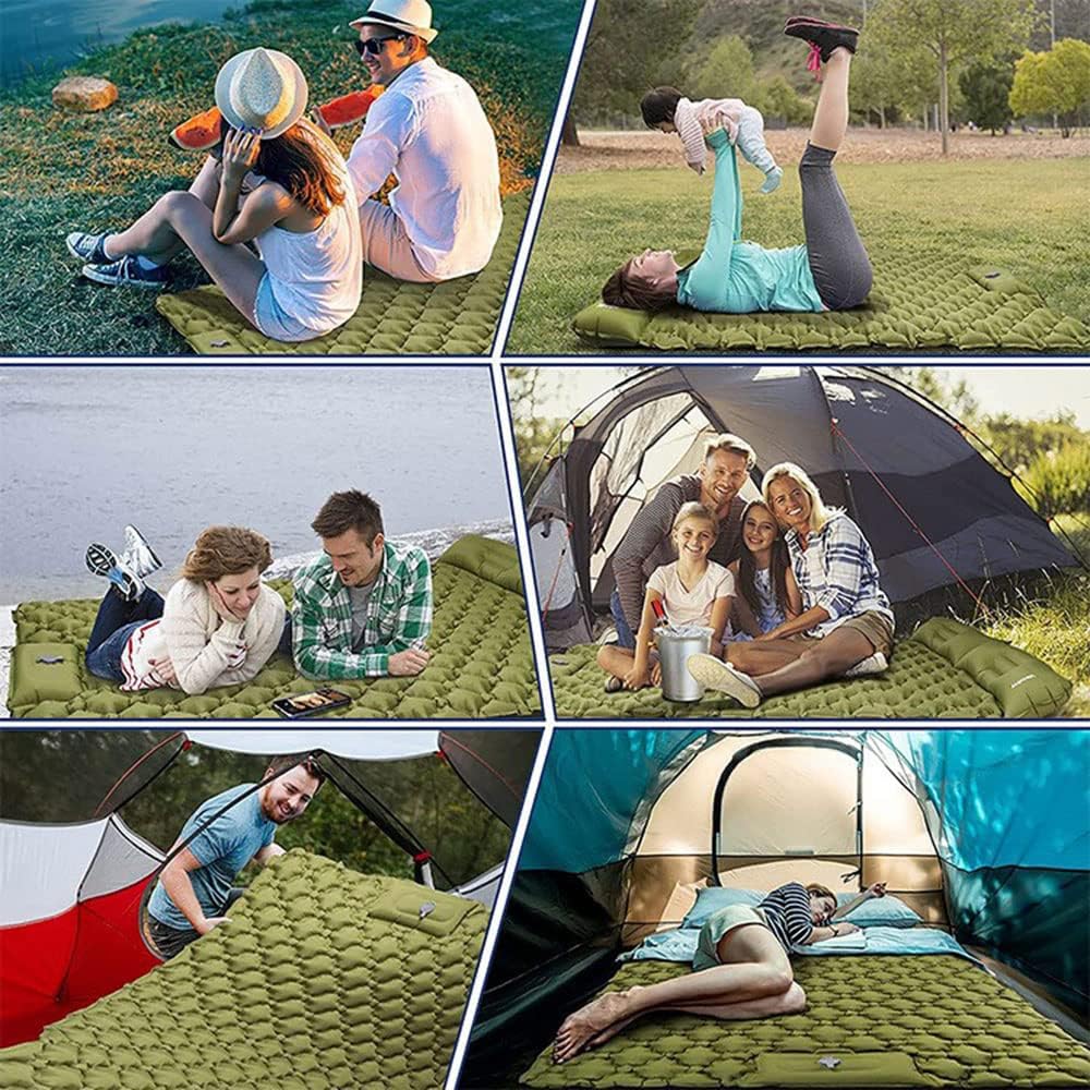 COOLBABY Double Camping Sleeping Pad, Inflatable Camping Pad Foot Press Ultralight 2 Person Camping Mat with Pillow for Camping Hiking Traveling,Army Yellow