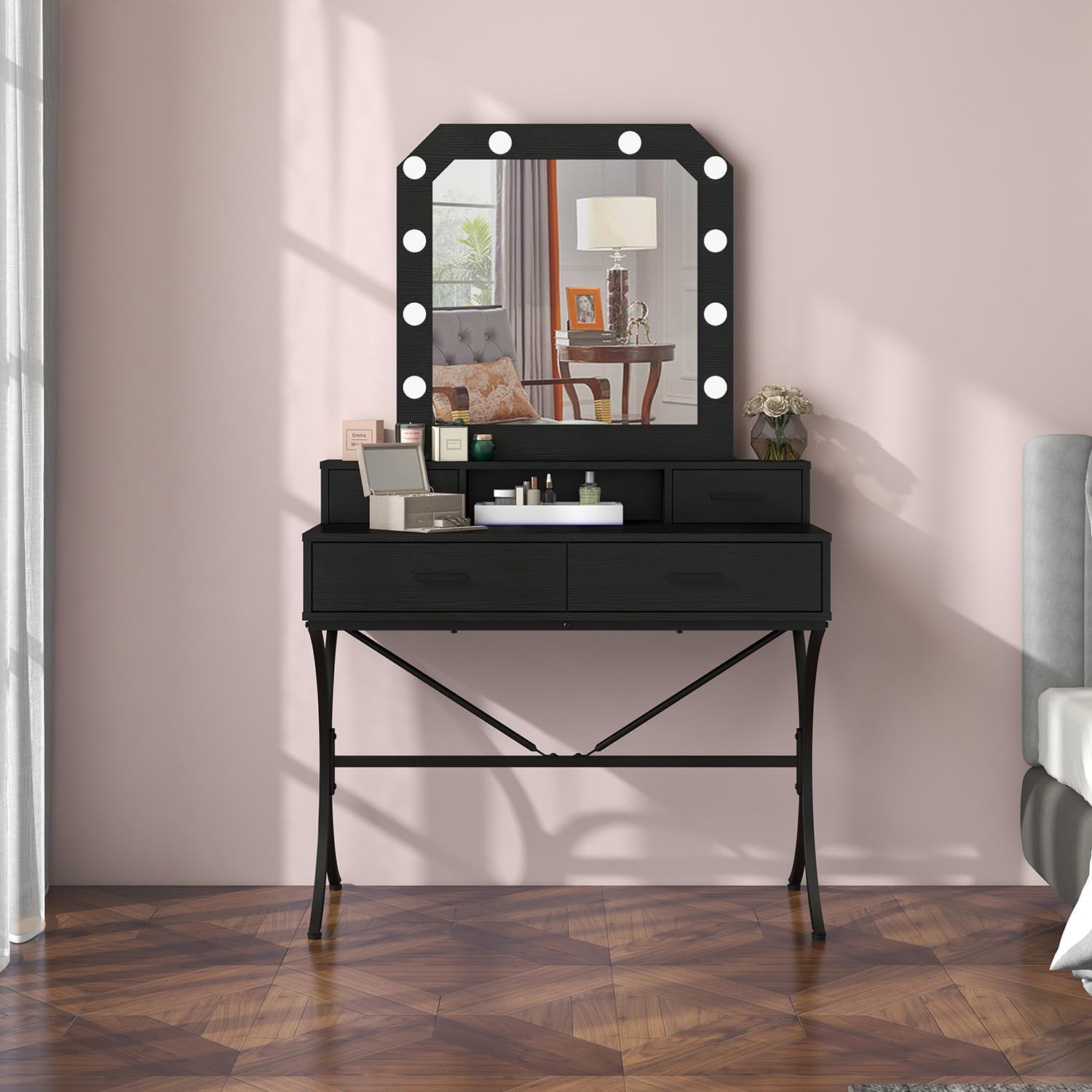 Vanity Table with Lighted Mirror, Modern Makeup Vanity Table with 10 Lights Makeup Desk 4 drawer Storage-GCC Home Center