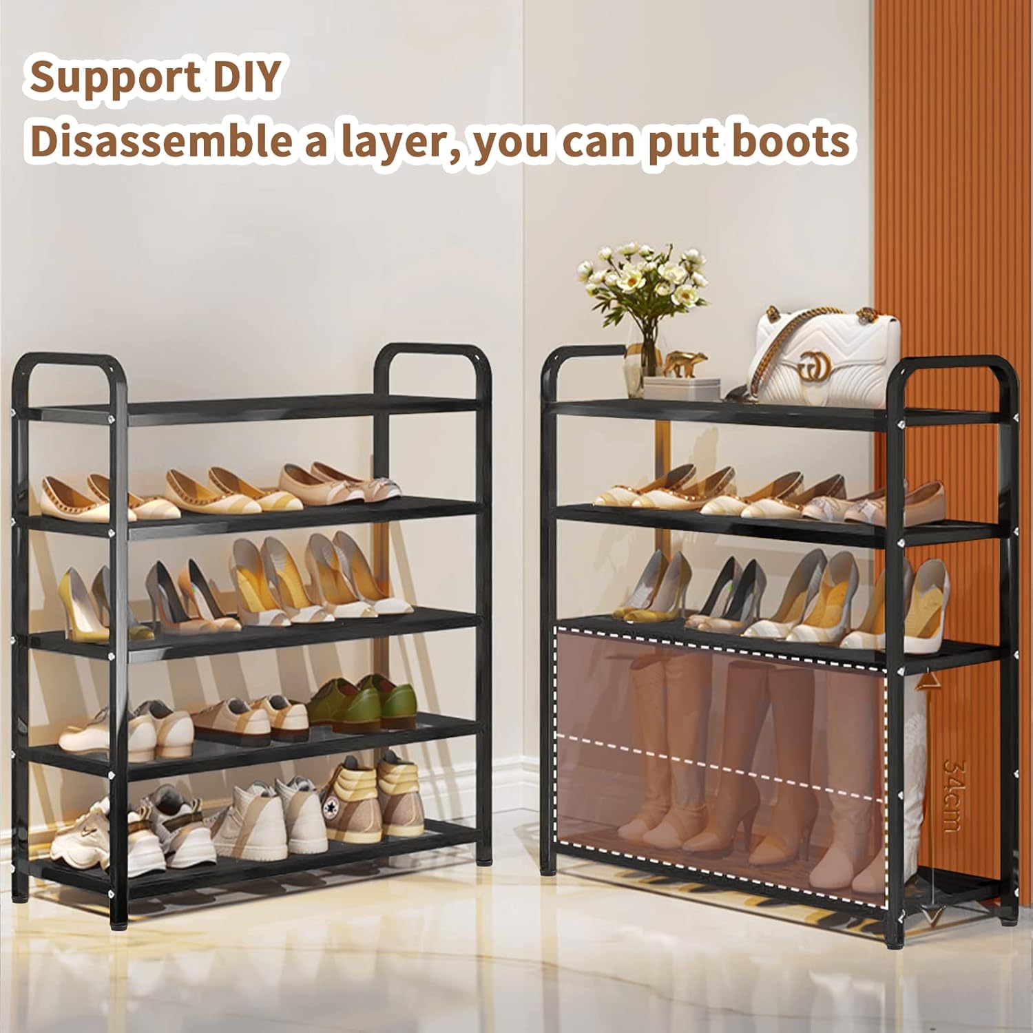 INFOSUN Shoe Rack, Shoes Cabinet Organizer, 4-Tier Shoe Storage with 3 Mesh Shelves, Multi-Function Organizer, Boots Storage Shelf Modern House Furniture Home for Entryway Hallway (Black, 4 Tier)