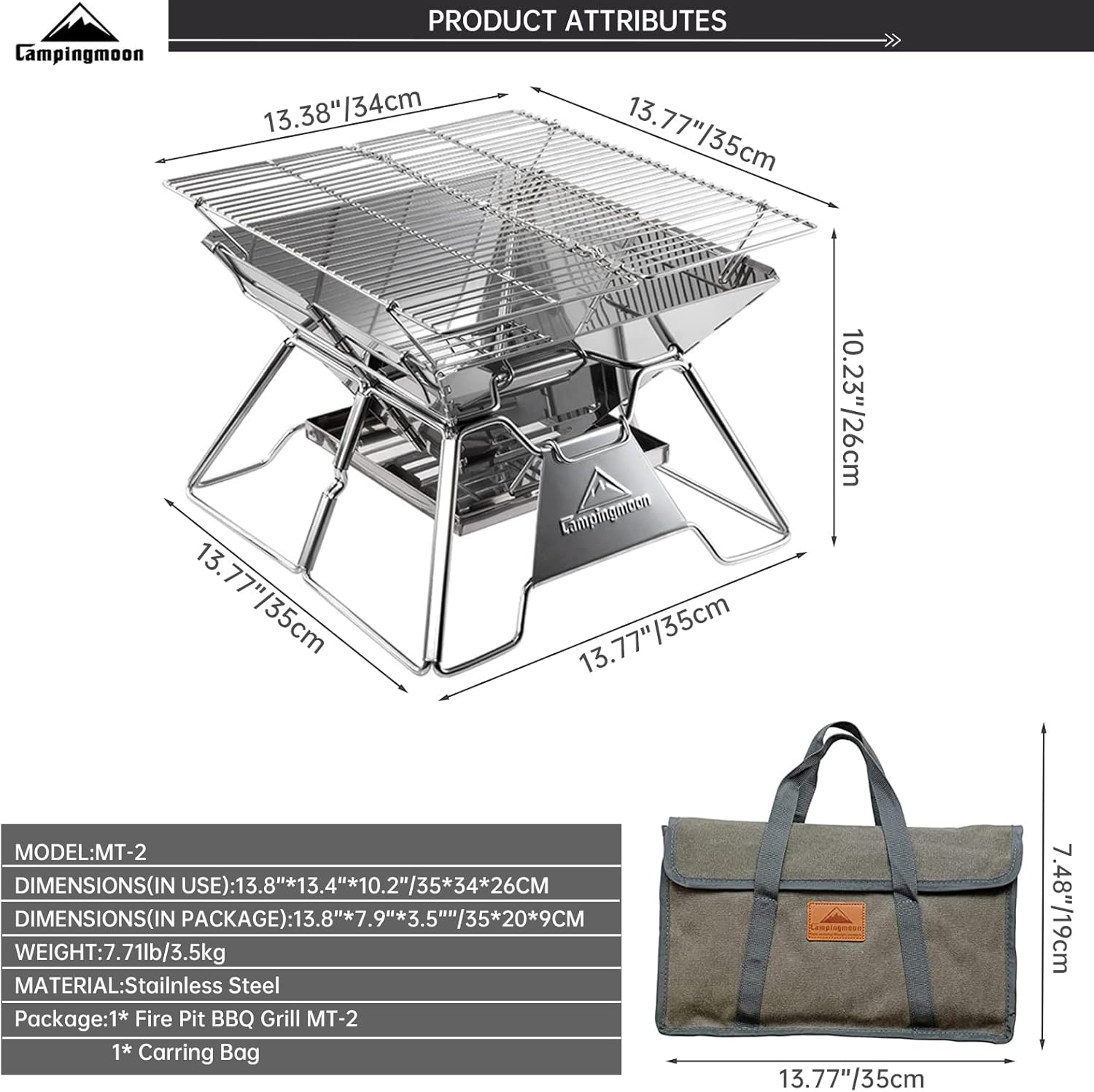 camping moon Portable Foldable Stainless Steel Bbq Charcoal Grill (MT-2)