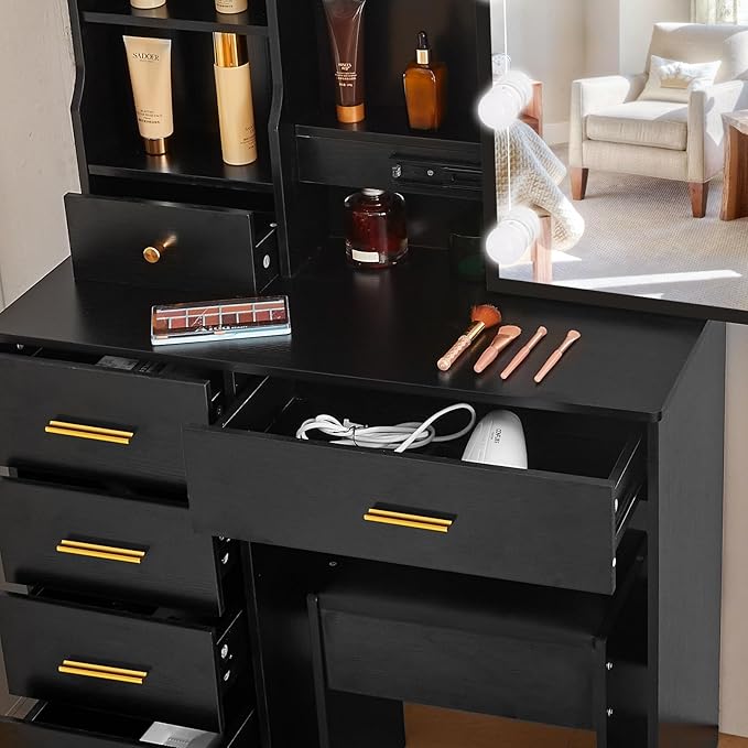 Dressing Table with LED Lights, Vanity Table with Adjustable Brightness Mirror-GCC Home Center