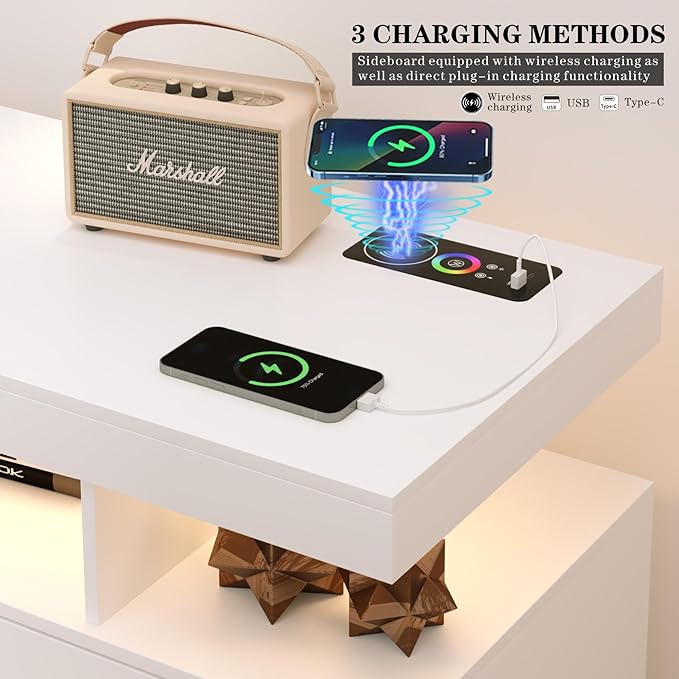 Sideboard Buffet Cabinet with Storage, LED Lights & Charging Station (100 x 40 x 80 cm)