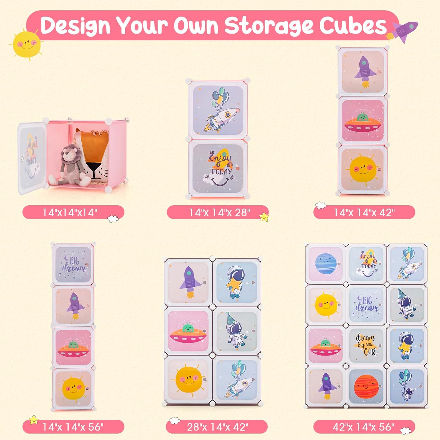 INFANS Children Wardrobe, Kid Closet Portable Baby Dresser Cute for Kids Bedroom Nursery Armoire with Doors 12 Cube 2 Hanging Sections, Kid Clothes Storage Organizer (Pink, 12 Cubes)-GCC Home Center