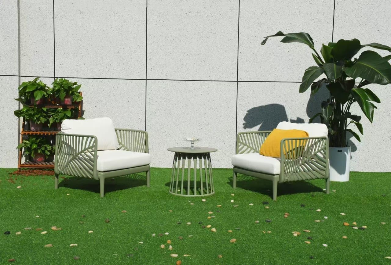 LANNY Set of 3 Pieces Green Patio Sofa Bundle with Tea Table Outdoor Plastic Coach Set Modern Porch Lawn Chairs with Coffee Table for Home and Balcony F8136C2-GCC Home Center