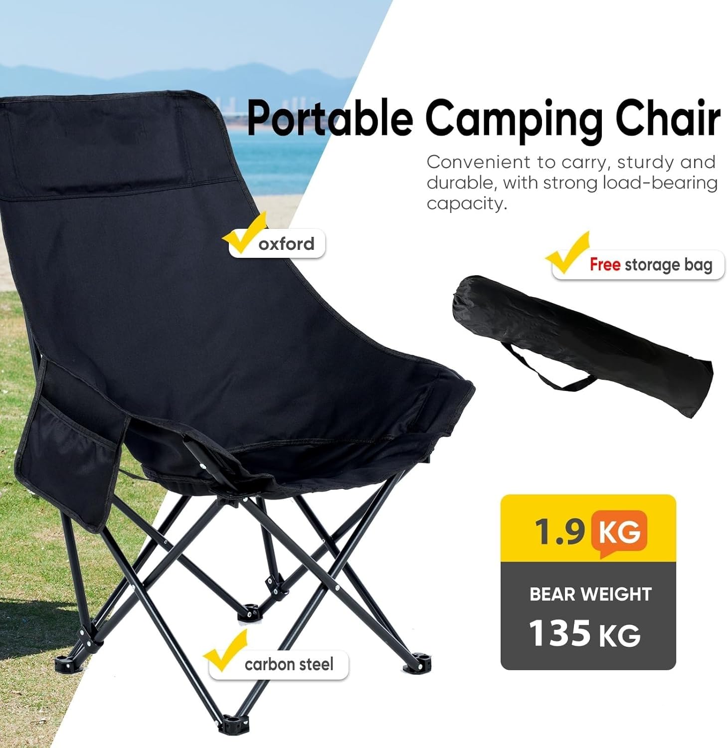 Portable Folding Camping Chair with High Back, Outdoor Chair for Outdoor Camping, Beach - Black-GCC Home Center