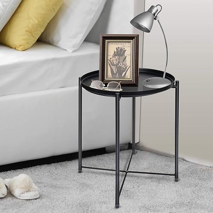 Round Metal Tray Table, Waterproof Folding Side Table for Living Room – 42×42×53cm