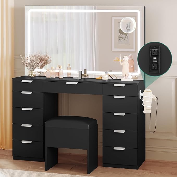 Vanity Desk Set with Large LED Lighted Mirror & Power Outlet, 11 Drawers and Magnifying Glass-GCC Home Center