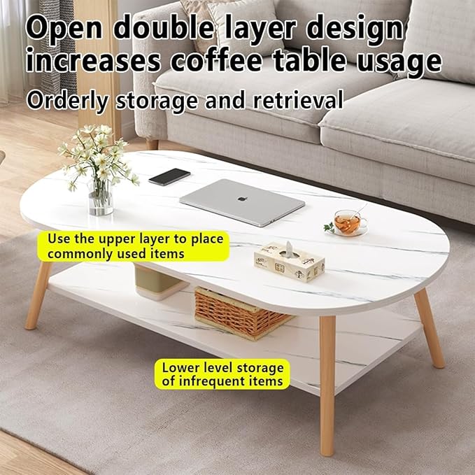 Modern White Marble 2-Tier Oval Coffee Table with Open Shelving-GCC Home Center