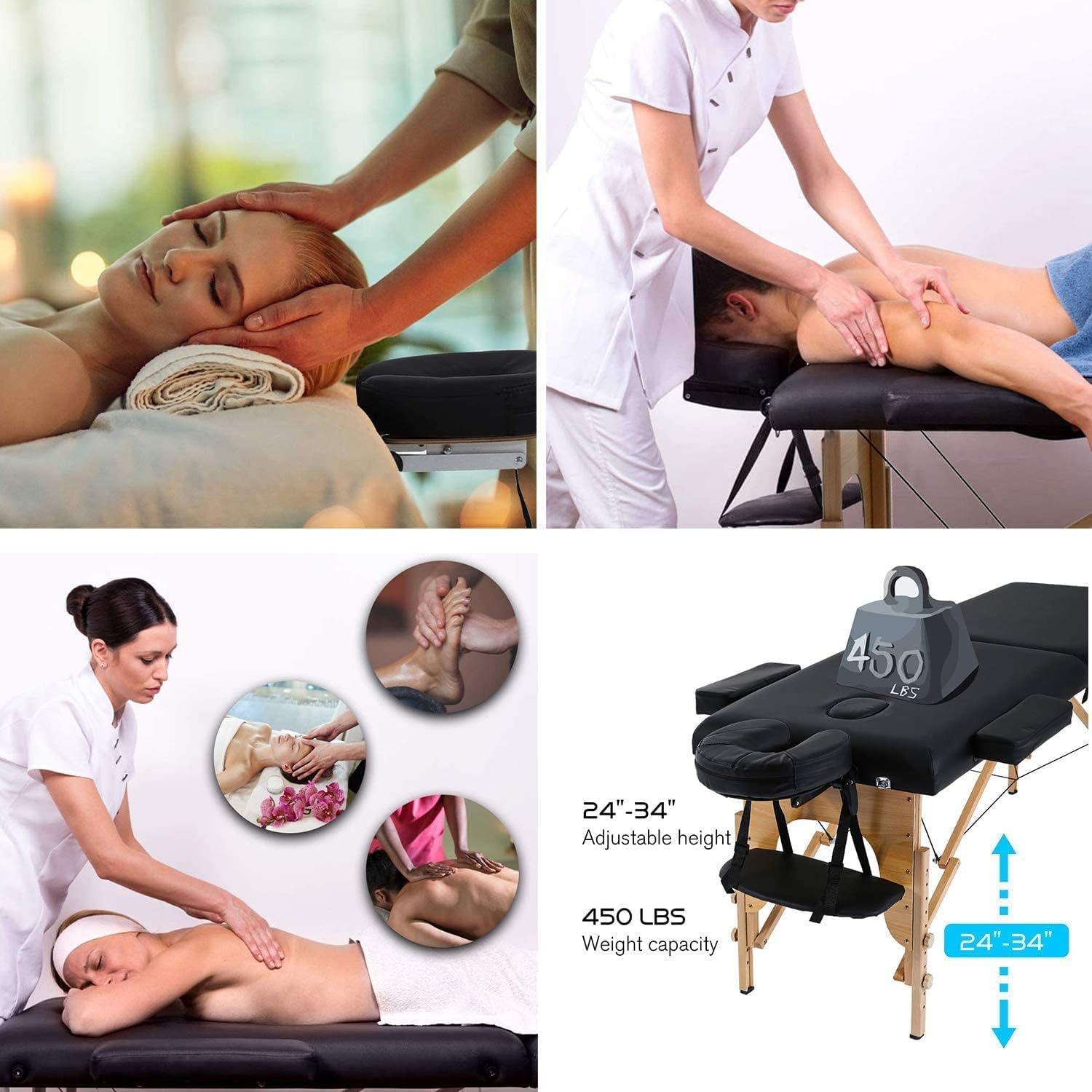 COOLBABY Professional Portable Massage Table Professional Adjustable Folding Bed with 3-part Wooden Frame Ergonomic Headrest and Lash Extension Bed,Facial Cradle Salon Bed (Black) KYBJ-302-SRK21