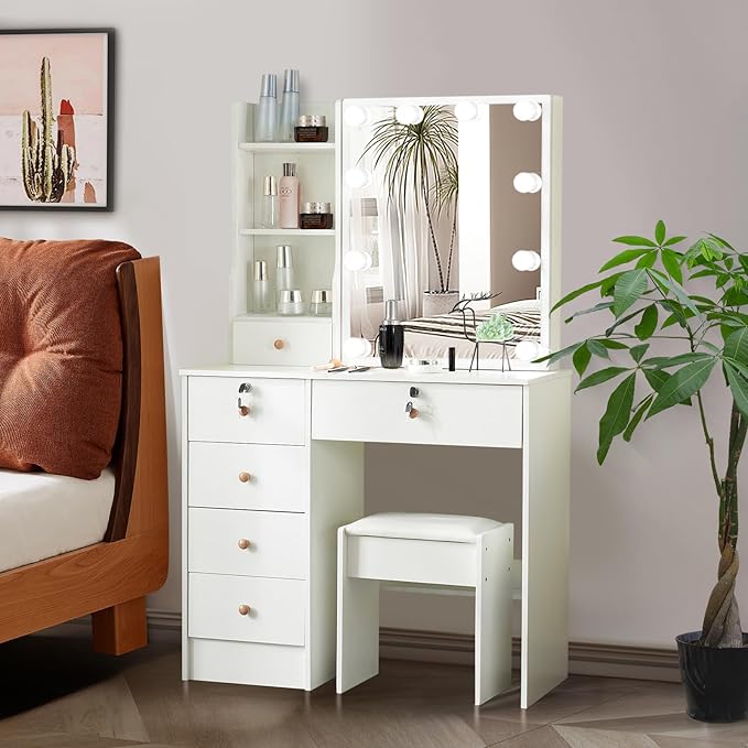Makeup Vanity Desk with Lighted Mirror, Vanity Table Set with 6 Storage Shelf and 5 Drawers-GCC Home Center