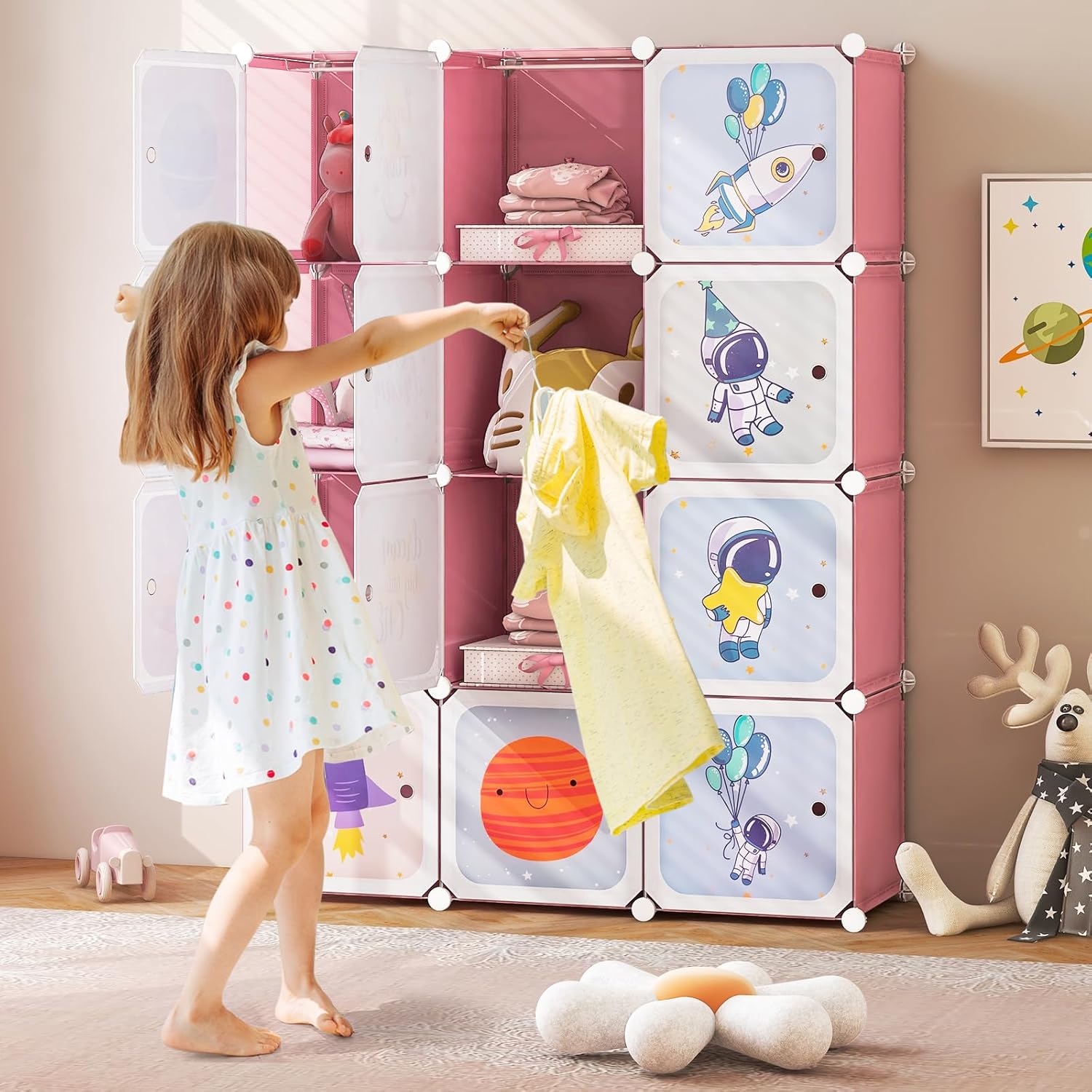 INFANS Children Wardrobe, Kid Closet Portable Baby Dresser Cute for Kids Bedroom Nursery Armoire with Doors 12 Cube 2 Hanging Sections, Kid Clothes Storage Organizer (Pink, 12 Cubes)-GCC Home Center