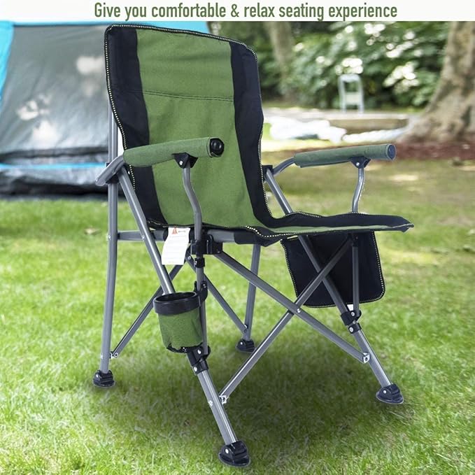 Outdoor Portable Camping Chair, Lightweight Folding Camping Chair, Heavy Duty Support 145KG, High Back Padded Lawn Chair with Arm Rest Cup Holder and Portable Carrying Bag-GCC Home Center