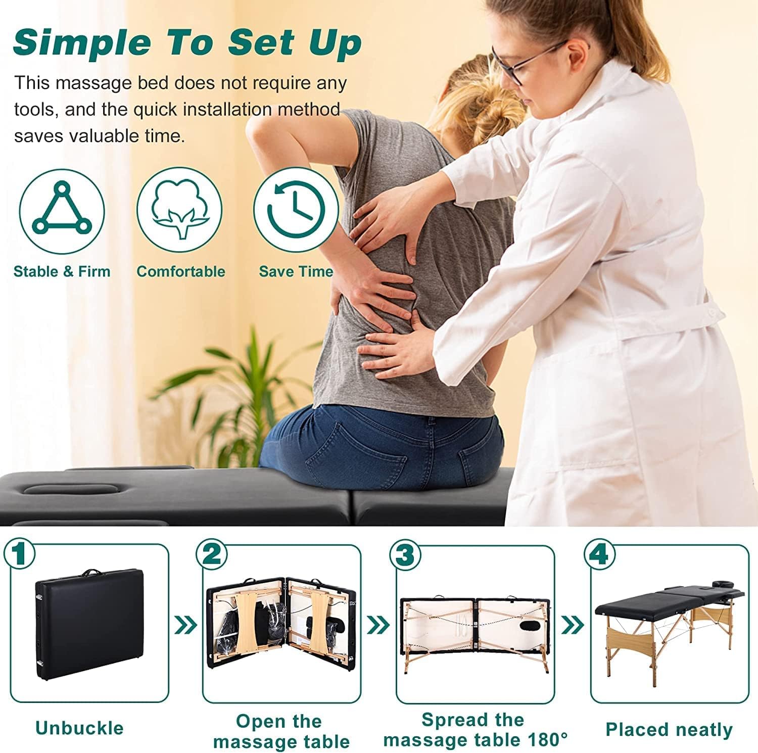 COOLBABY Professional Portable Massage Table Professional Adjustable Folding Bed with 3-part Wooden Frame Ergonomic Headrest and Lash Extension Bed,Facial Cradle Salon Bed (Black) KYBJ-302-SRK21