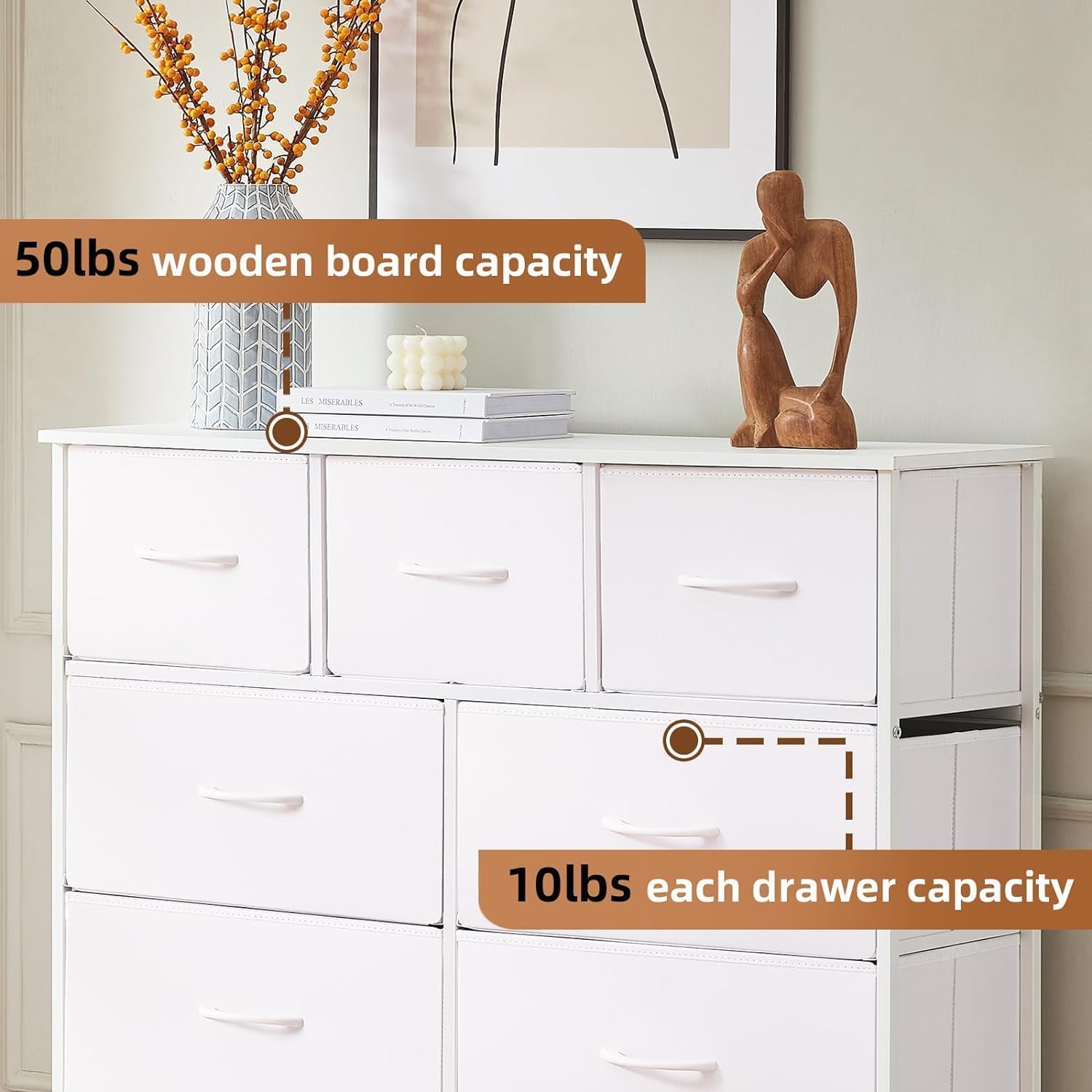 SKY-TOUCH Storage Cabinet : Bedroom Dresser with 9 Drawers Wide Storage Chest with Removable Fabric Bins Storage Organizer Unit for Living Room Entryway Hallway Nursery Kids Room (100*30*96CM White)-GCC Home Center
