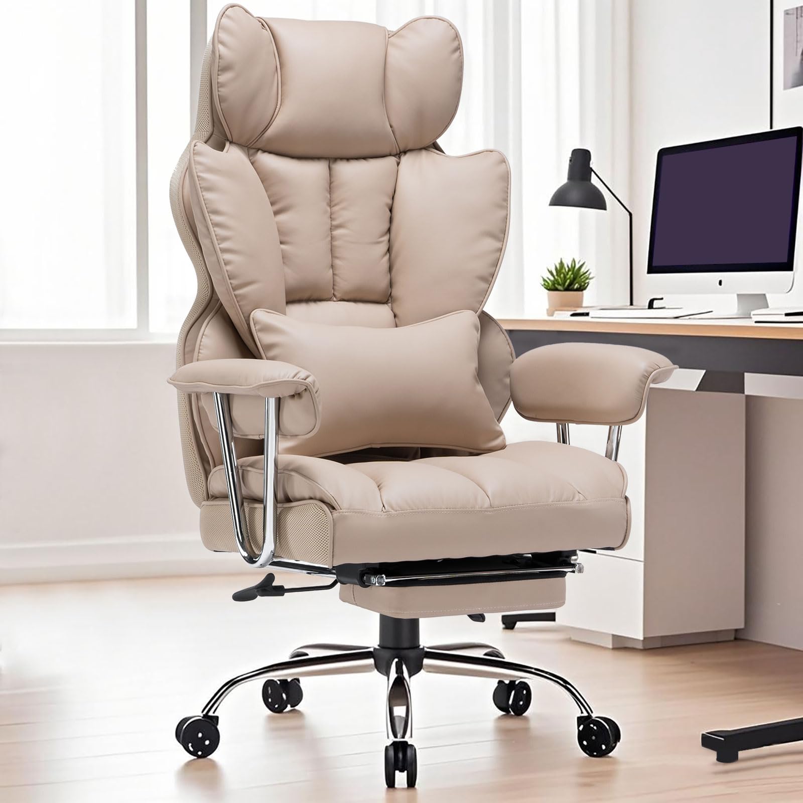 Efomao Big and Tall Office Chair 400lbs – PU Leather Executive Desk Chair with Lumbar Support & Leg Rest, Heavy-Duty Computer Chairs for Home Office, Green