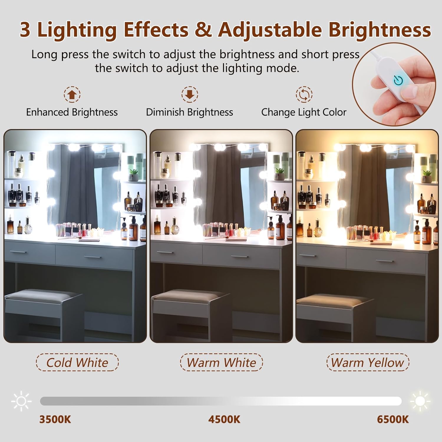 Makeup Vanity with Mirror and 10 LED Lights, Vanity Makeup Table Set with 2 Drawers and Open Shelves-GCC Home Center