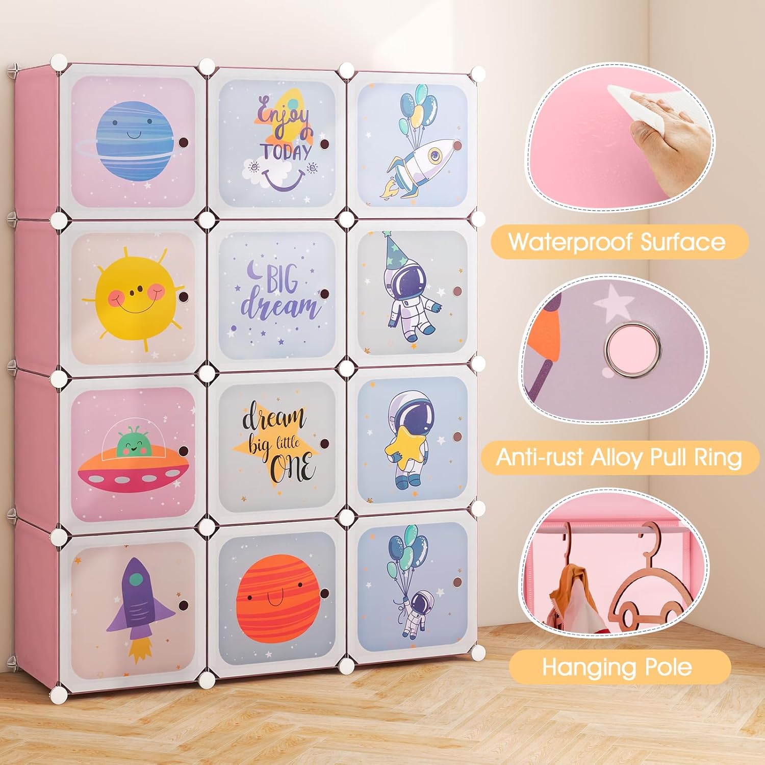 INFANS Children Wardrobe, Kid Closet Portable Baby Dresser Cute for Kids Bedroom Nursery Armoire with Doors 12 Cube 2 Hanging Sections, Kid Clothes Storage Organizer (Pink, 12 Cubes)-GCC Home Center
