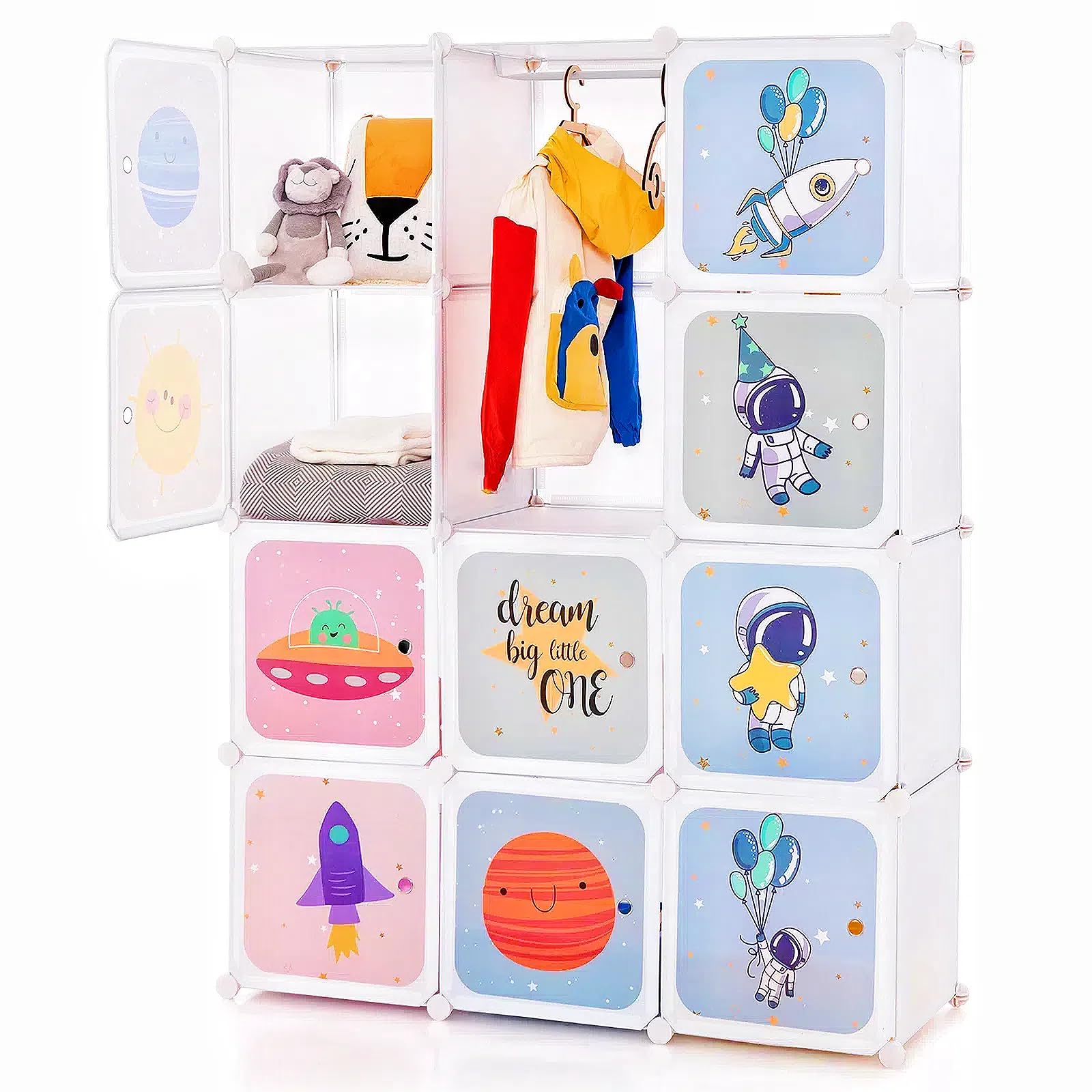 INFANS Children Wardrobe, Kid Closet Portable Baby Dresser Cute for Kids Bedroom Nursery Armoire with Doors 12 Cube 2 Hanging Sections, Kid Clothes Storage Organizer (Pink, 12 Cubes)-GCC Home Center