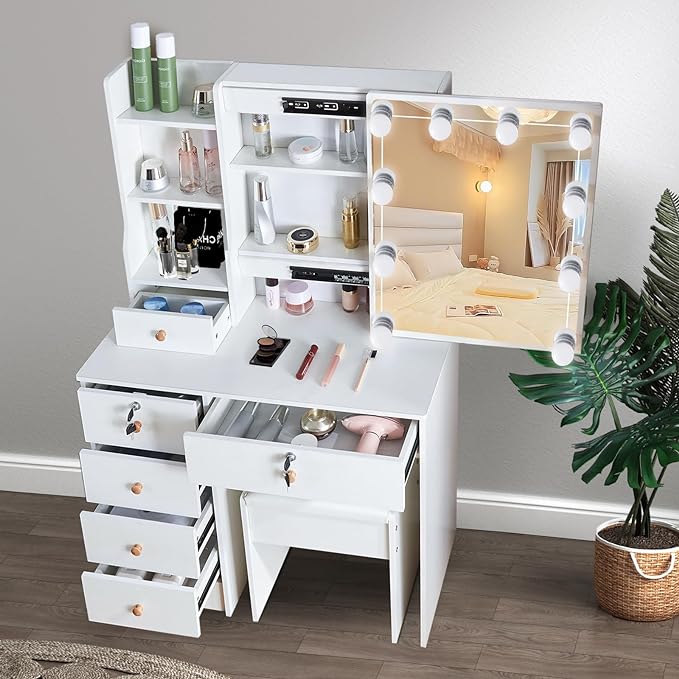 Makeup Vanity Desk with Lighted Mirror, Vanity Table Set with 6 Storage Shelf and 5 Drawers-GCC Home Center