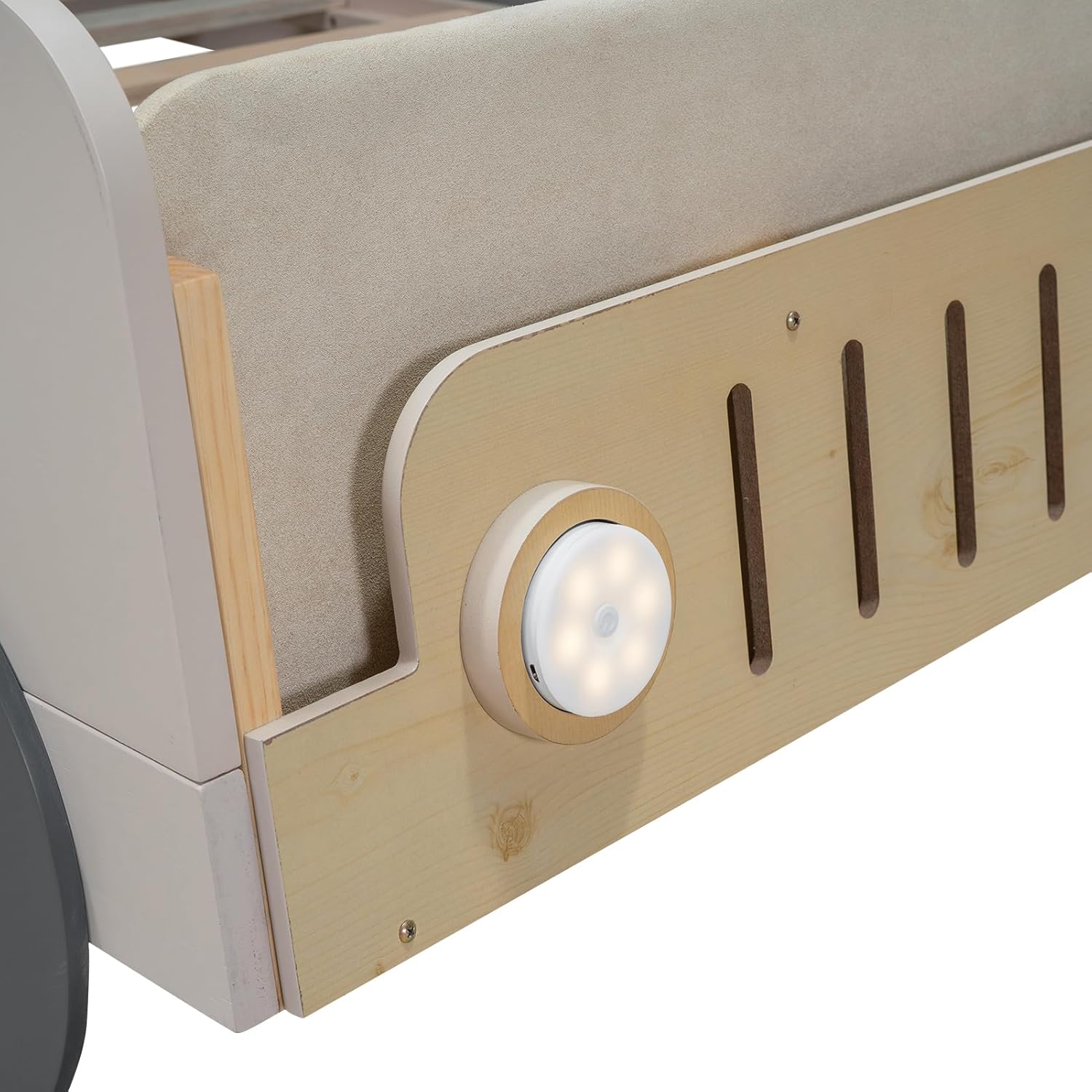 Twin Size kid Car Bed with Pillow & Car Headlights Shaped LED Light,Wood Kid Bed Frame W/Ceiling Cloth & Magazine Holder,Toy Bedroom Furniture for Boys Toddlers Child,Natural