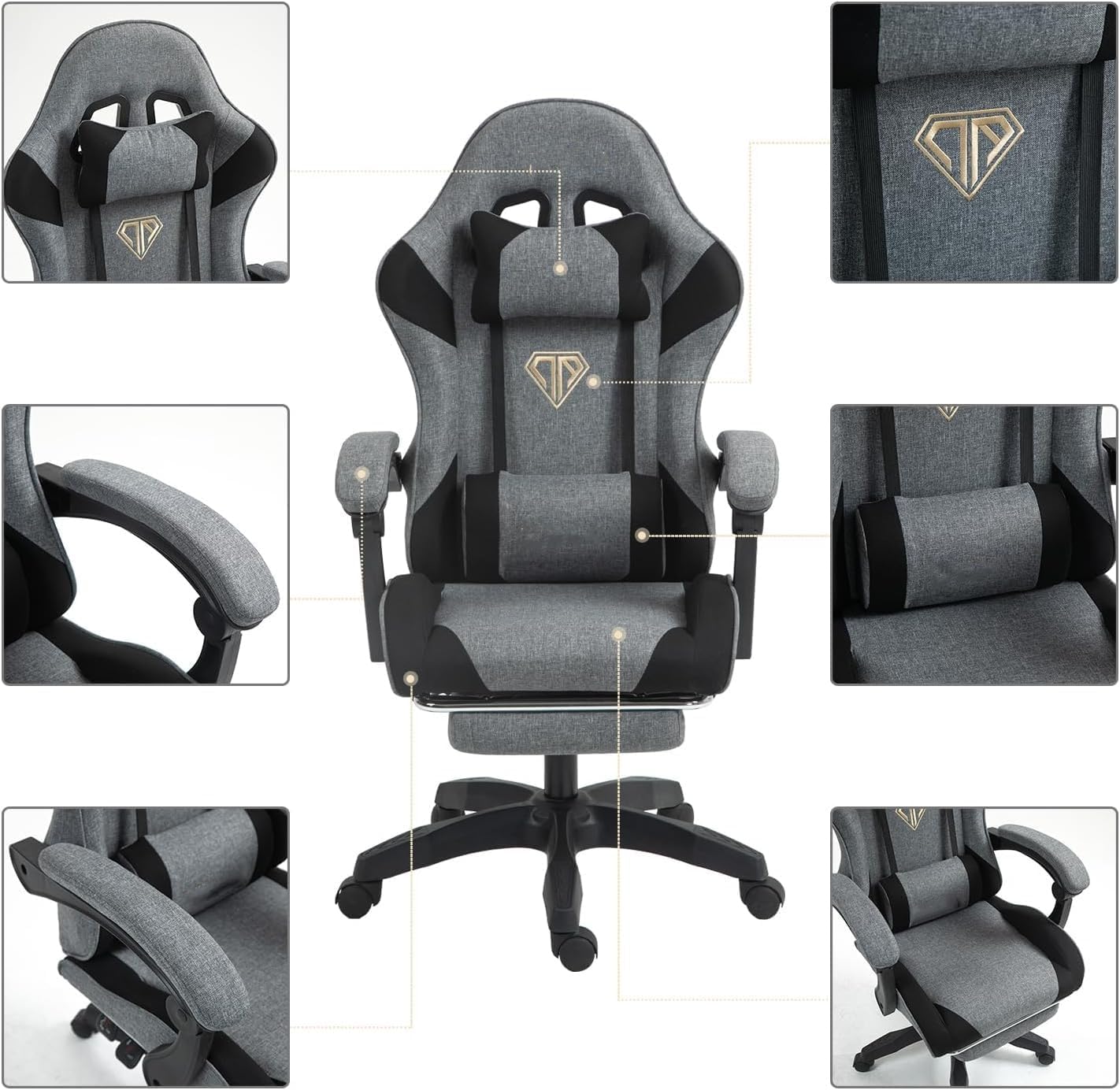 Wemart Gaming Chair, Computer Chair with Fabric?Office Chair with Armrest & Adjustable Seat, Ergonomic Video Game Chair with Neck and Massage Lumbar Support (grey)-GCC Home Center