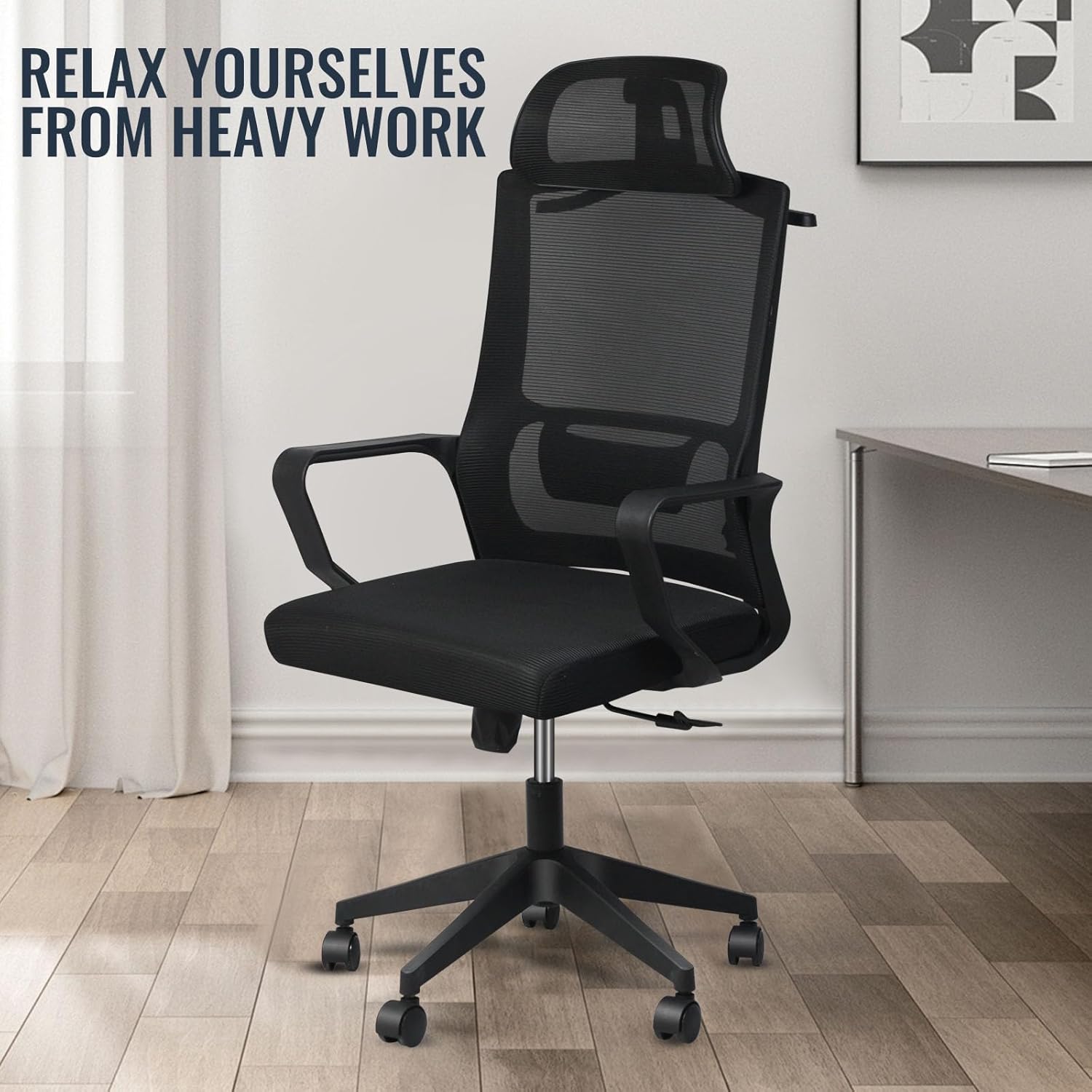 Ergonomic Office Chair with Adjustable Headrest | Desk Chair | Lumbar Support | Large Space Padded Seat Cushion|with Tilt Back|Mesh Breathable Backrest|60 * 60 * 131cm Black