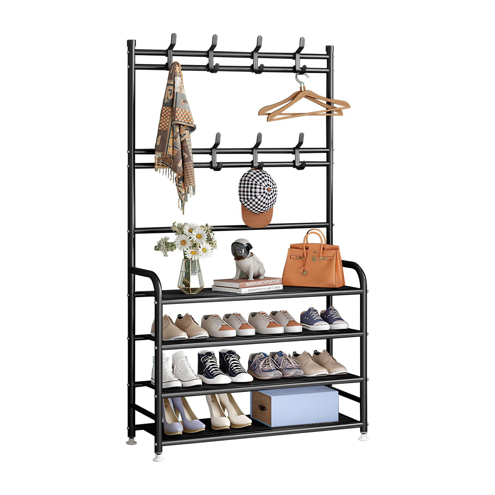 INFOSUN Shoe Rack, Shoes Cabinet Organizer, 4-Tier Shoe Storage with 3 Mesh Shelves, Multi-Function Organizer, Boots Storage Shelf Modern House Furniture Home for Entryway Hallway (Black, 4 Tier)