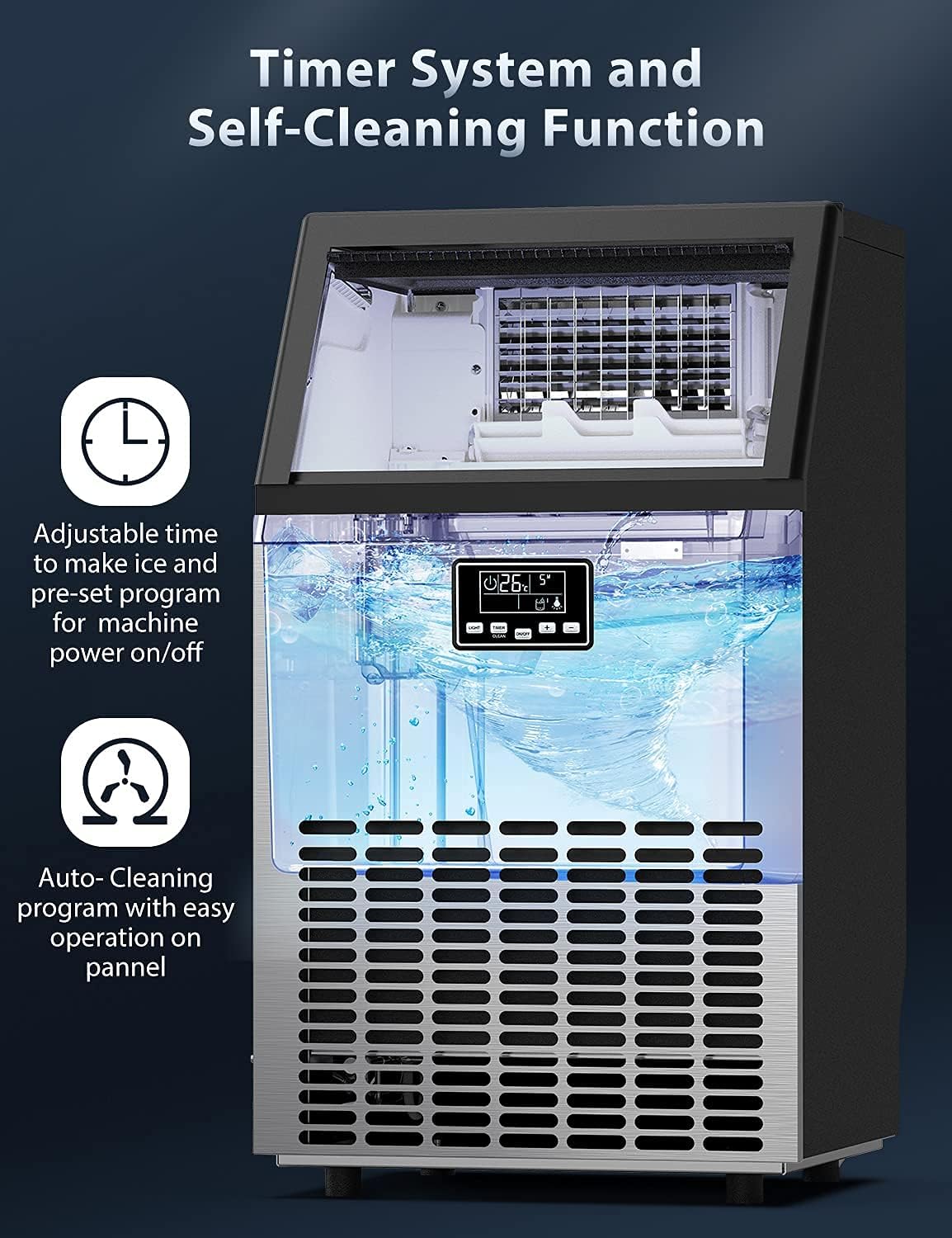 COOLBABY Ice Maker Commercial Machine Self Clean, 44 Cubes per Batch in 11-18 Minutes 100KG/24H,15KG Storage Bin, Advanced LCD Panel w/Clear Indicators, Freestanding for Restaurant/Home/Food Truck Use