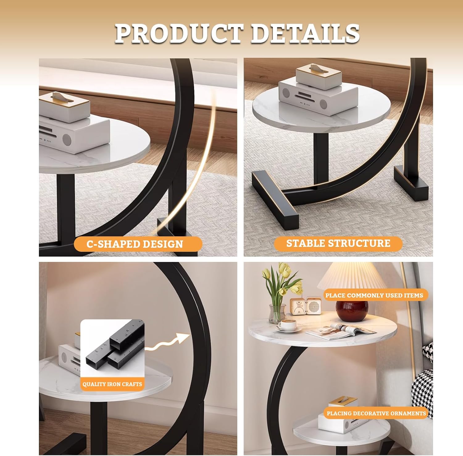 Beauenty Round Side Table Coffee Couch Bedside Table End Table for Small Spaces C Shaped End Table Drink Table for Living Room, Bedroom, Office, Dorm (White Marble)