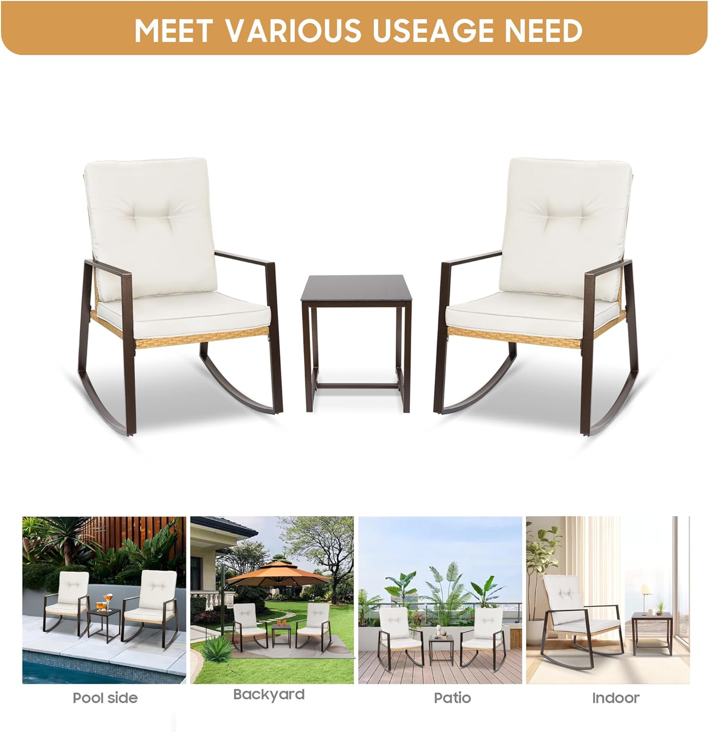 YIYAN 3 Pieces Patio Bistro Set Outdoor Rattan Wicker Rocking Chairs Set,Patio Outdoor Furniture Conversation Sets with Sofa Chairs,Glass Coffee Table and Washable Cushion (Light Beige)
