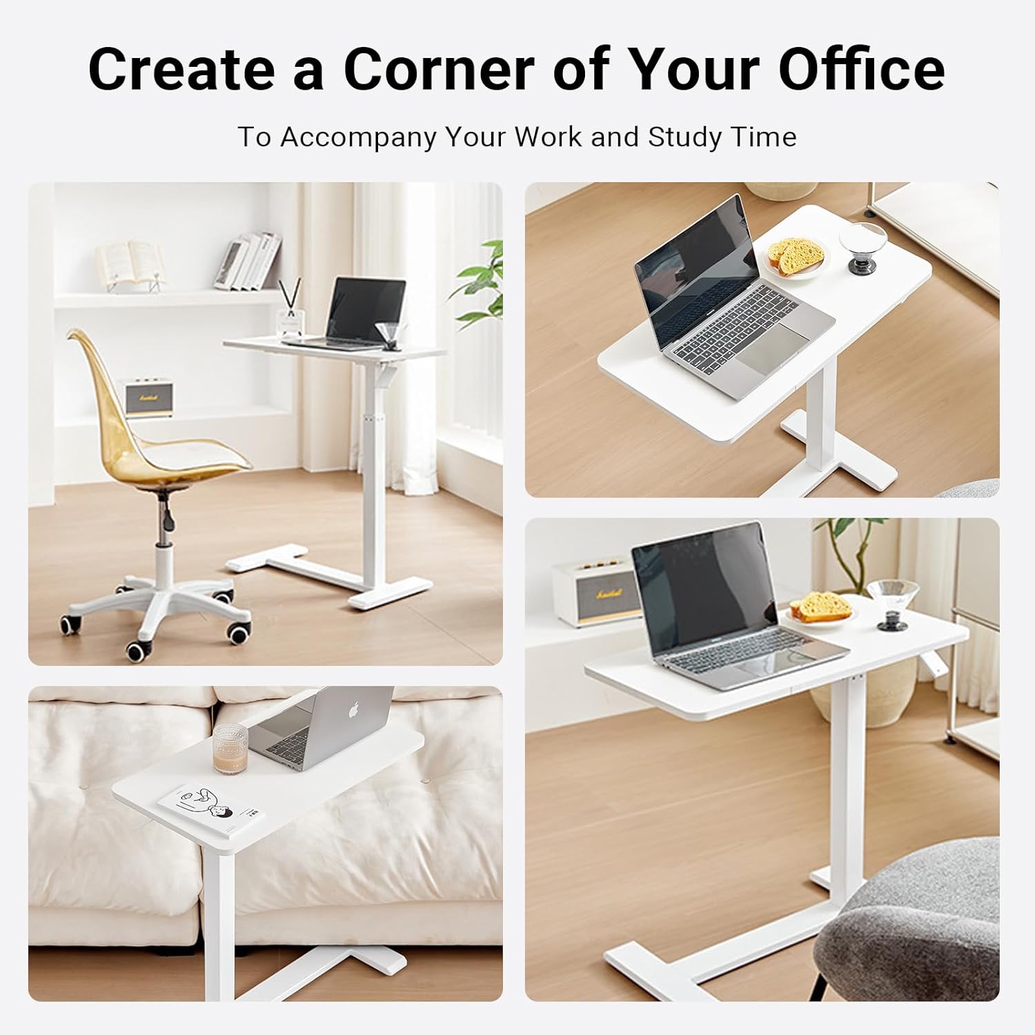 Xmart Adjustable Overbed Table with Wheels,Pneumatic Mobile Standing Desk,Rolling Computer Car,Laptop Desk Multi-Purpose for Home and Medical Use,Sofa Side Table, Movable Bed Table (80x40cm, White)