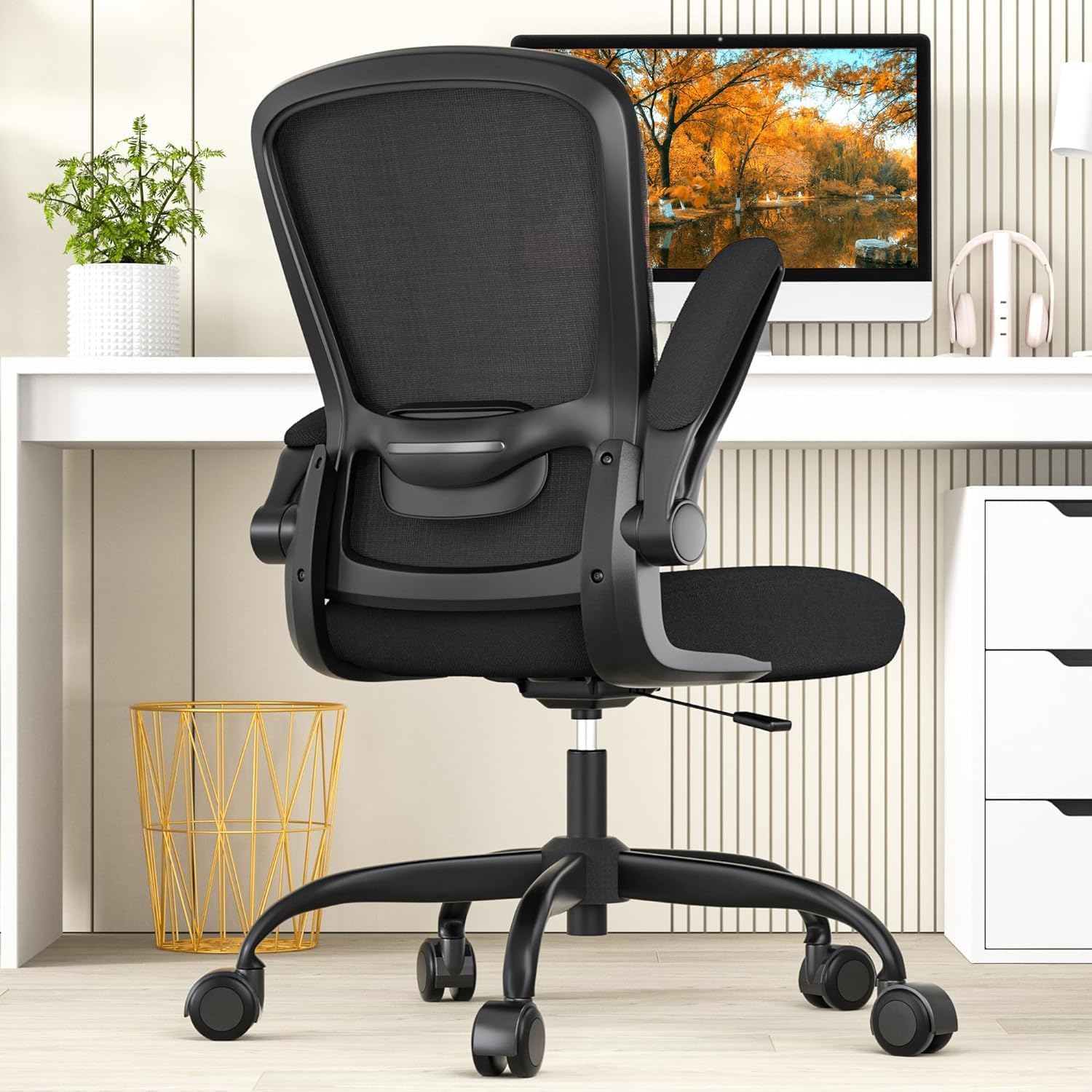 Ergonomic Office Chair - BIFMA Certified High Back Mesh Desk Chair with Adjustable Lumbar Support & Flip-Up Armrests for Home Office (Modern, All Black)
