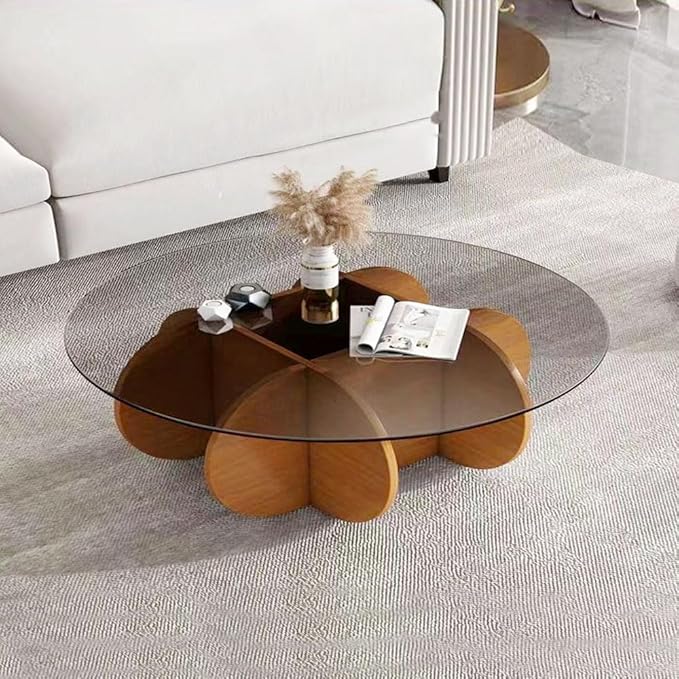 Modern Round Coffee Table with Solid Wood Legs and Rustic Circle Center Cocktail Table with Tempered Glass-Top-GCC Home Center