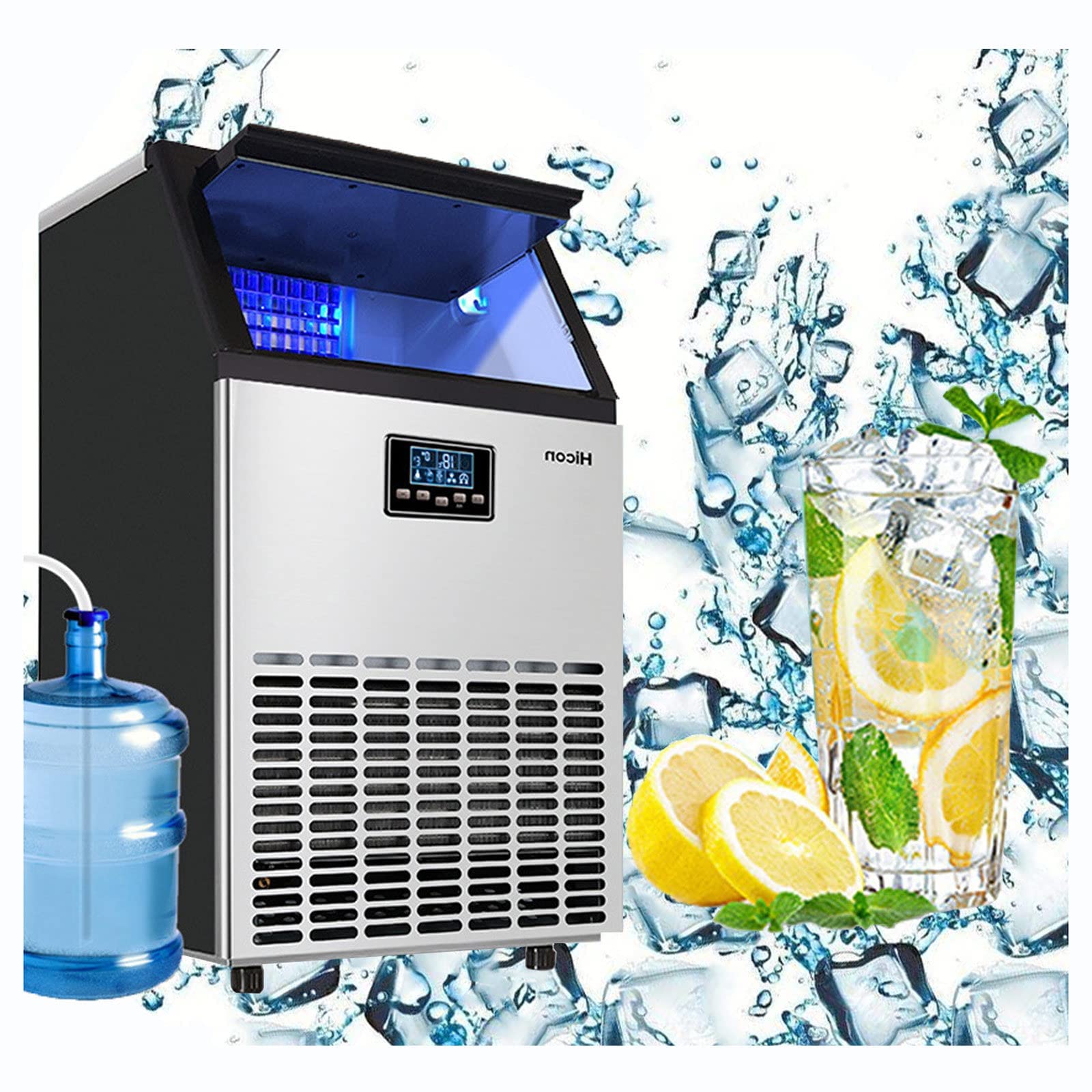 COOLBABY Ice Maker Commercial Machine Self Clean, 44 Cubes per Batch in 11-18 Minutes 100KG/24H,15KG Storage Bin, Advanced LCD Panel w/Clear Indicators, Freestanding for Restaurant/Home/Food Truck Use