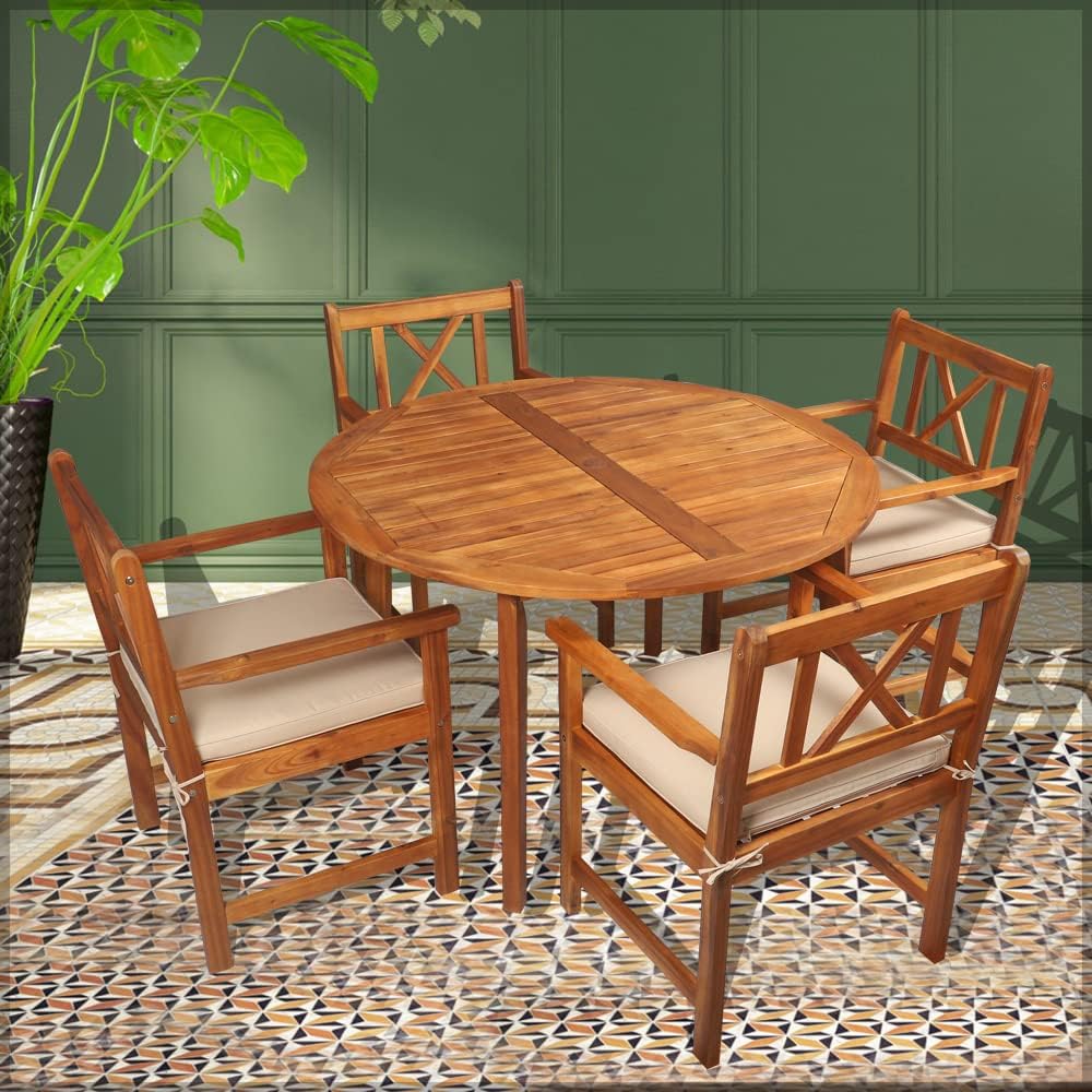 Acacia Wood Chairs With Cushions Table Round Bistro Set Patio Dining Table Set 5 Pcs Wood Furniture for Indoor Outdoor Poolside Garden Balcony Terrace Use - Garden Furniture - Dining Set for 5-GCC Home Center