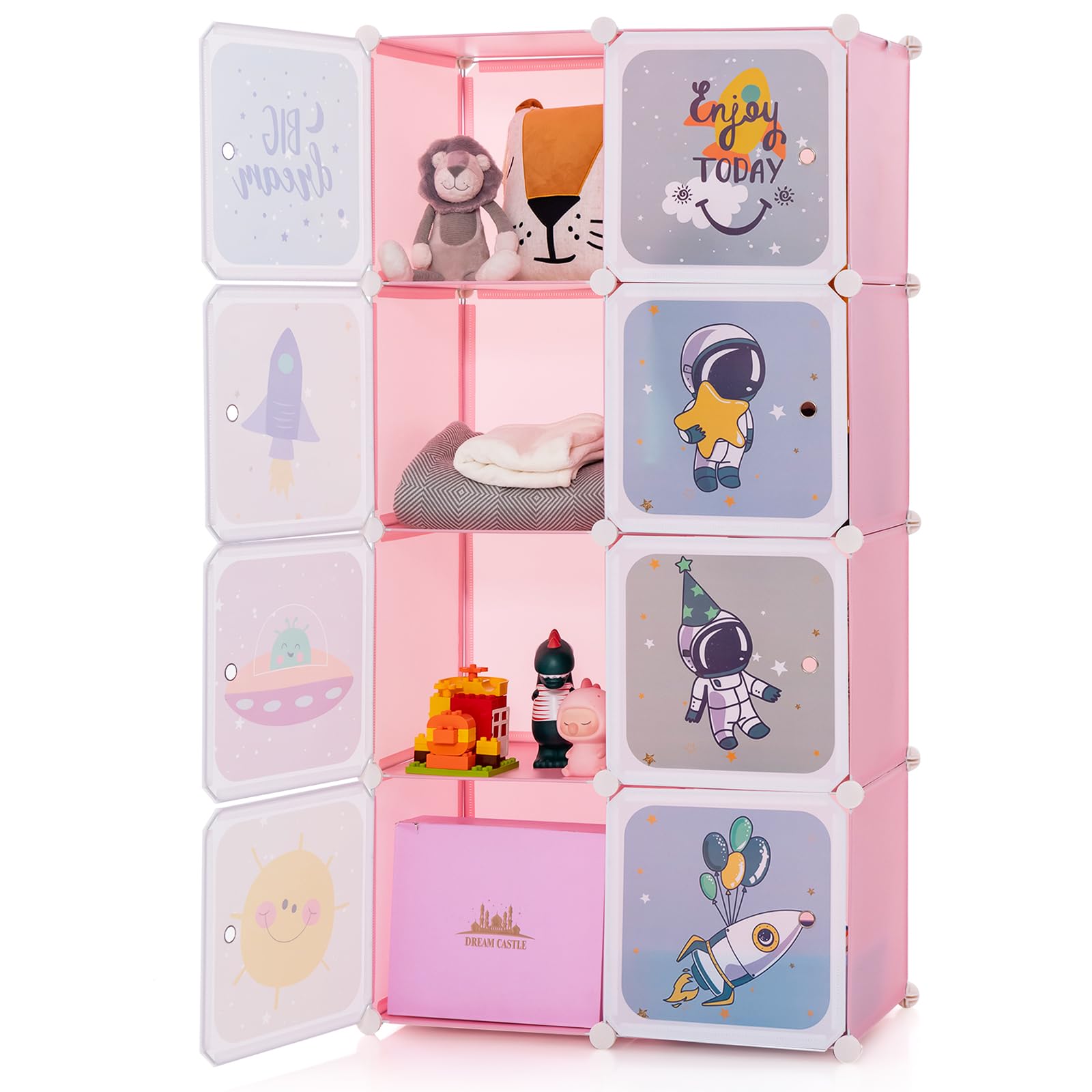 INFANS Children Wardrobe, Kid Closet Portable Baby Dresser Cute for Kids Bedroom Nursery Armoire with Doors 12 Cube 2 Hanging Sections, Kid Clothes Storage Organizer (Pink, 12 Cubes)-GCC Home Center