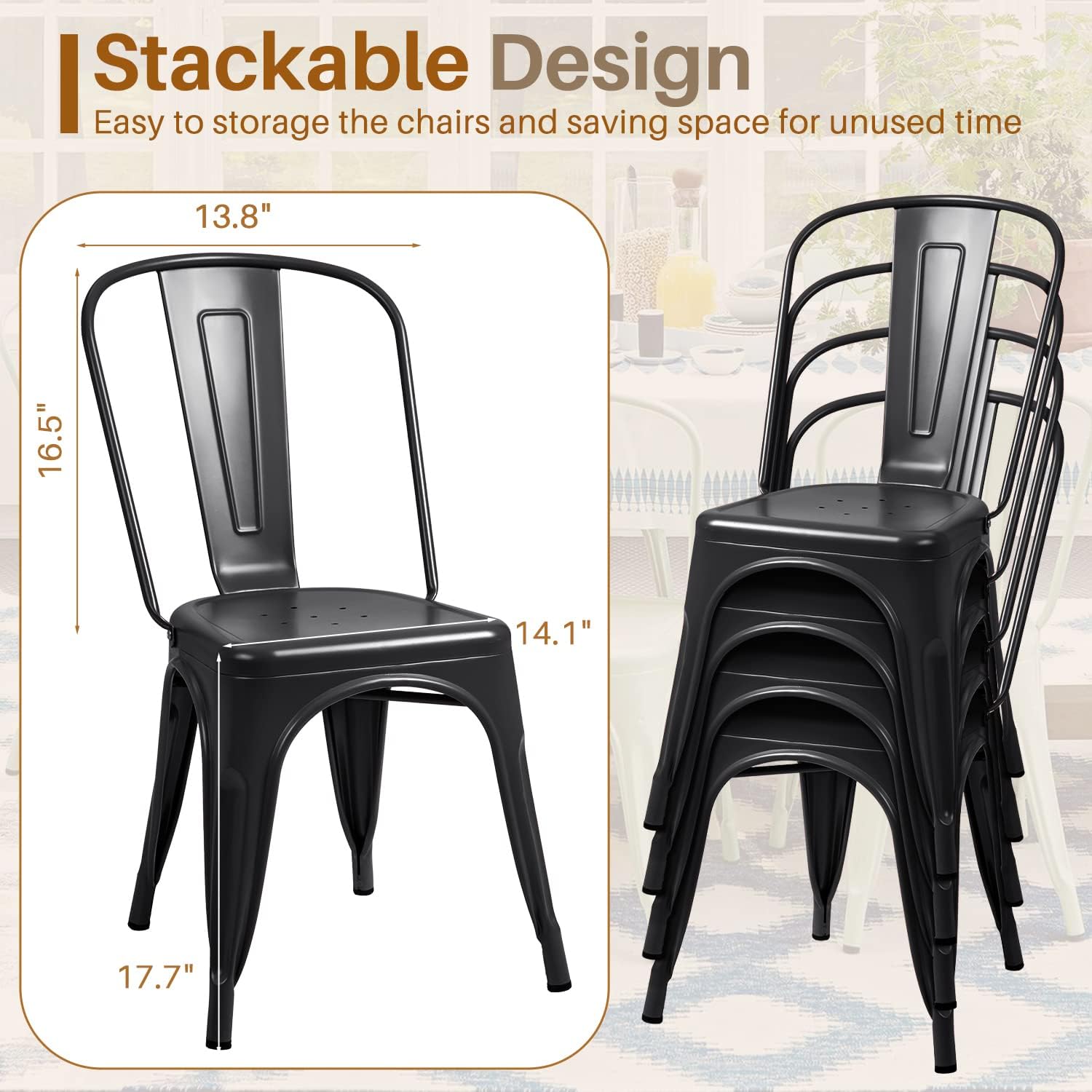 Furmax Indoor-Outdoor Use Stackable Classic Trattoria Chic Dining Bistro Cafe Side Metal Chairs Set of 4 (Black)
