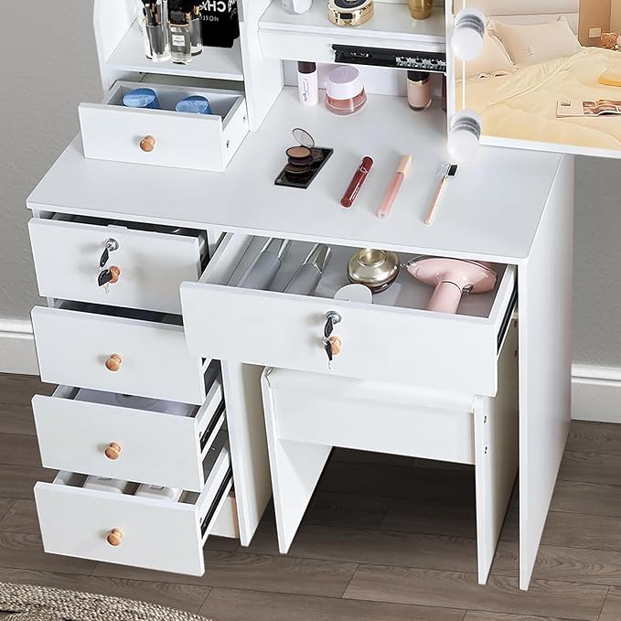 Makeup Vanity Desk with Lighted Mirror, Vanity Table Set with 6 Storage Shelf and 5 Drawers-GCC Home Center