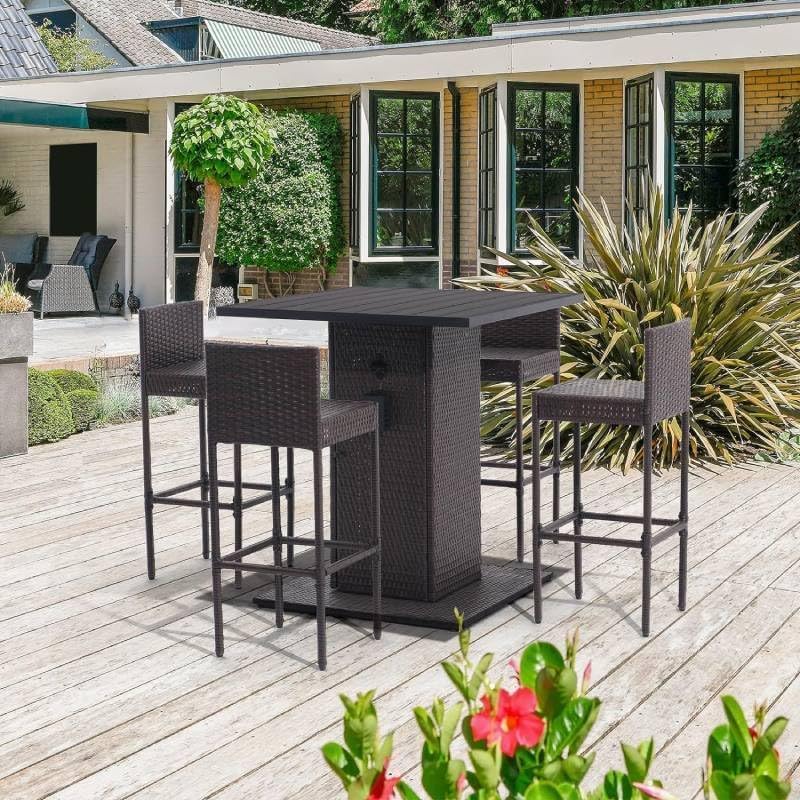 5-Piece Rattan Patio Bar Set – Outdoor Wicker Furniture with Storage Shelf, Dining Table-GCC Home Center