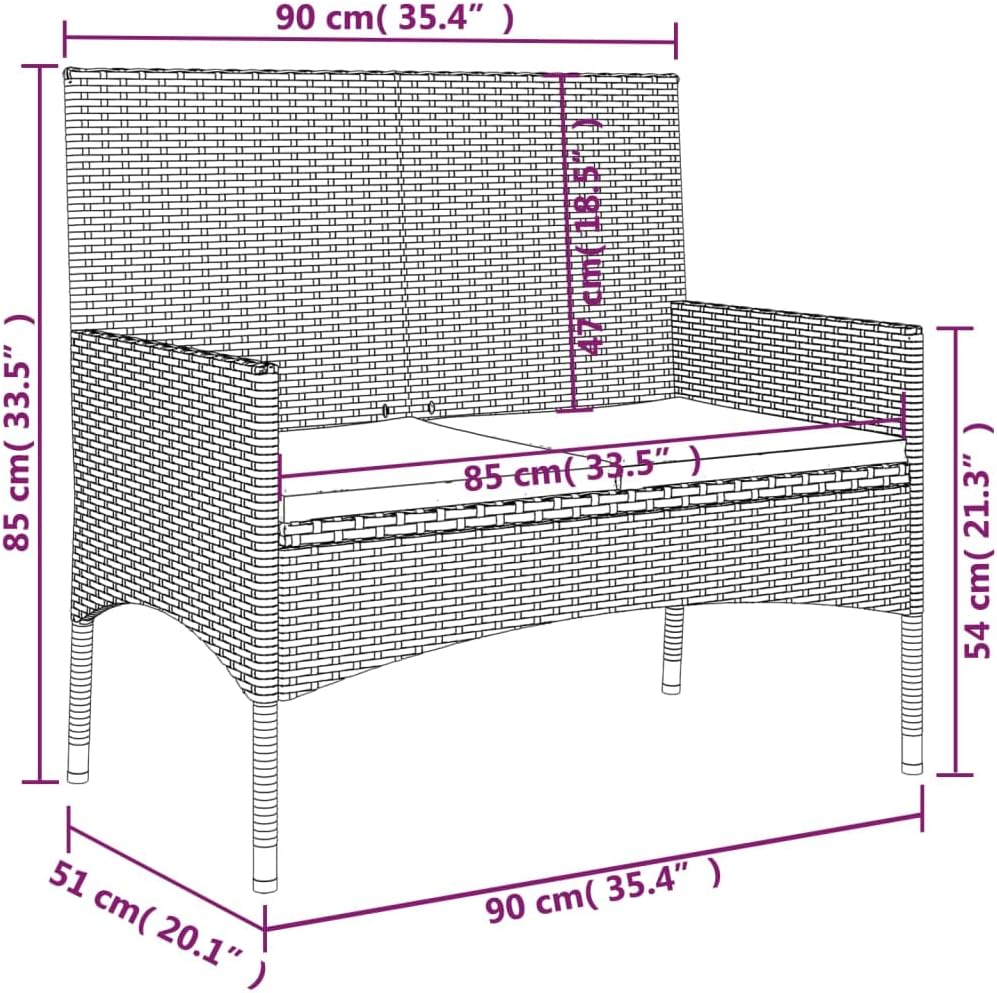 vidaXL 2-Seater Garden Bench with Cushions Patio Furniture Outdoor Seating Patio 2-seater Bench with Backrest Armrest Grey Poly Rattan