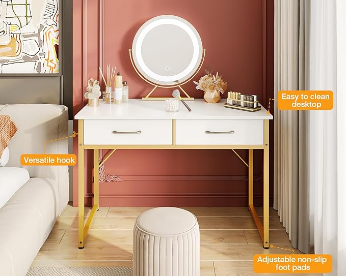 Vanity Desk Without Mirror, Makeup Vanity with 2 Fabric Drawers, White With Gold Legs-GCC Home Center