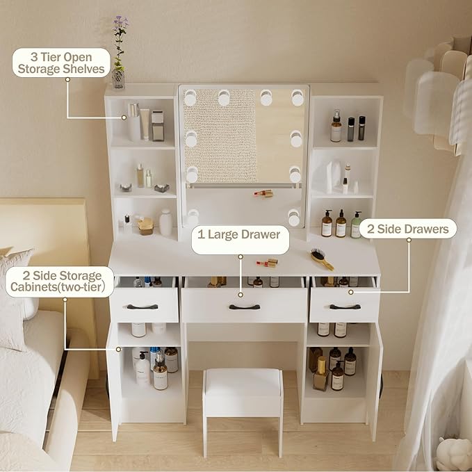 Large Vanity Desk with Lighted Mirror, Modern Vanity Set with 3 Drawers and 2 Storage Shelves-GCC Home Center