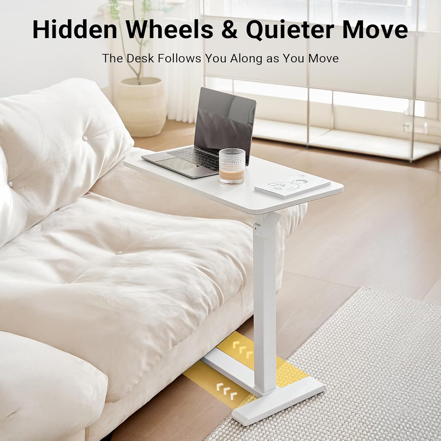 Xmart Adjustable Overbed Table with Wheels,Pneumatic Mobile Standing Desk,Rolling Computer Car,Laptop Desk Multi-Purpose for Home and Medical Use,Sofa Side Table, Movable Bed Table (80x40cm, White)