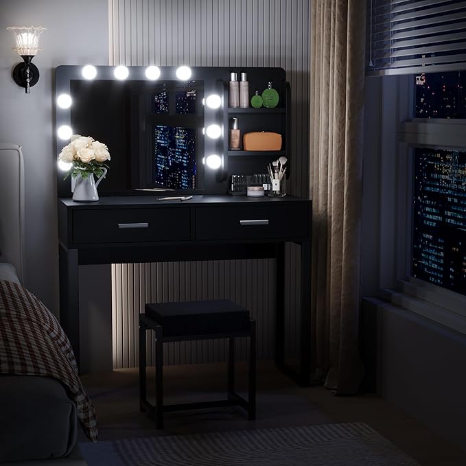 Vanity Desk with Mirror, With Chair and 10 LED Lights, with 2 Big Drawers and Side Shelves for Storage-GCC Home Center