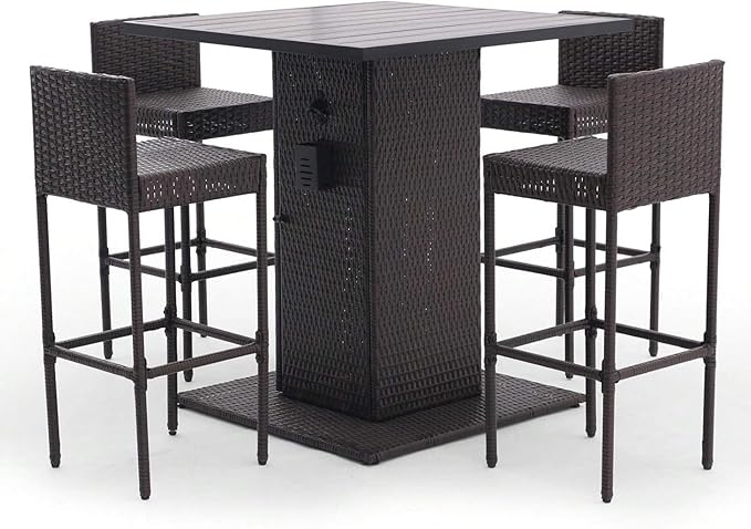 5-Piece Rattan Patio Bar Set – Outdoor Wicker Furniture with Storage Shelf, Dining Table-GCC Home Center