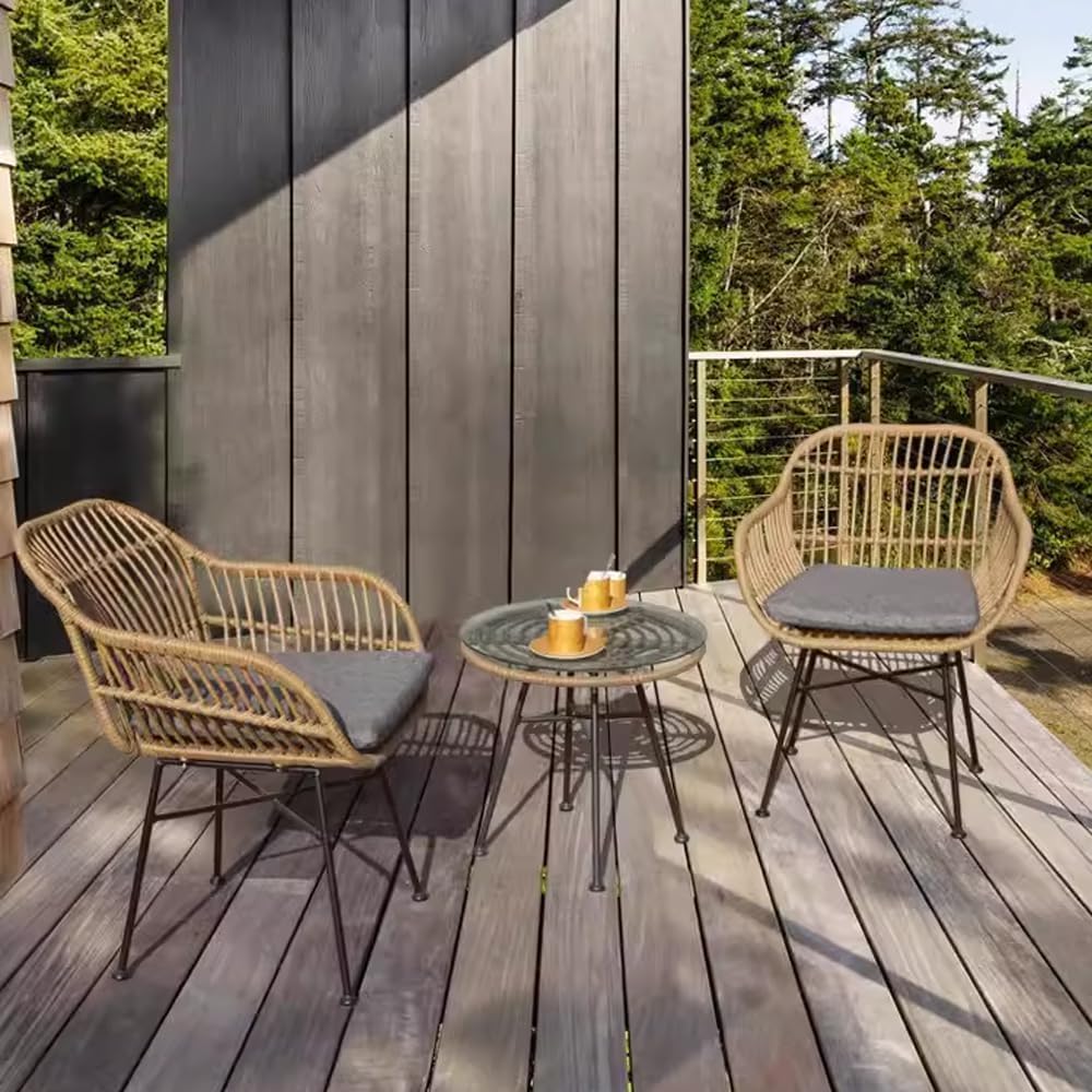 LANNY Set of 3 Pieces Patio Chairs Bundle with Glass Table Outdoor Wicker Bistro Set Modern Porch Lawn Chairs with Coffee Table for Home and Balcony GT01-GCC Home Center